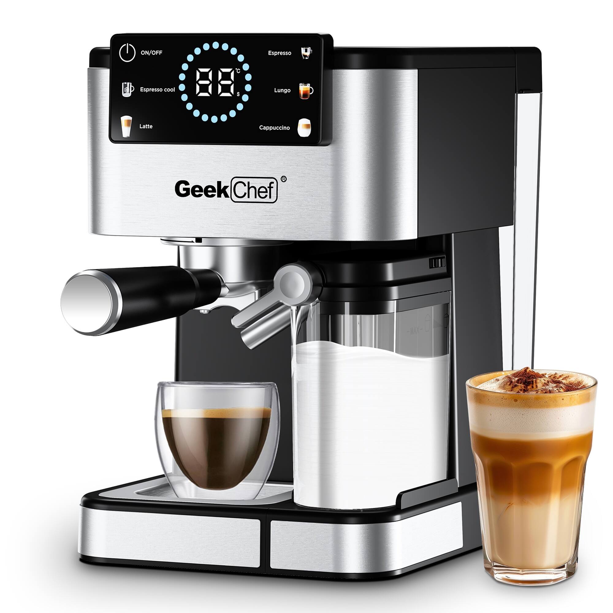 ON/OFF  
Espresso cool  
88°C  
Espresso  
Lungo  
Latte  
Cappuccino  

Geek Chef UI