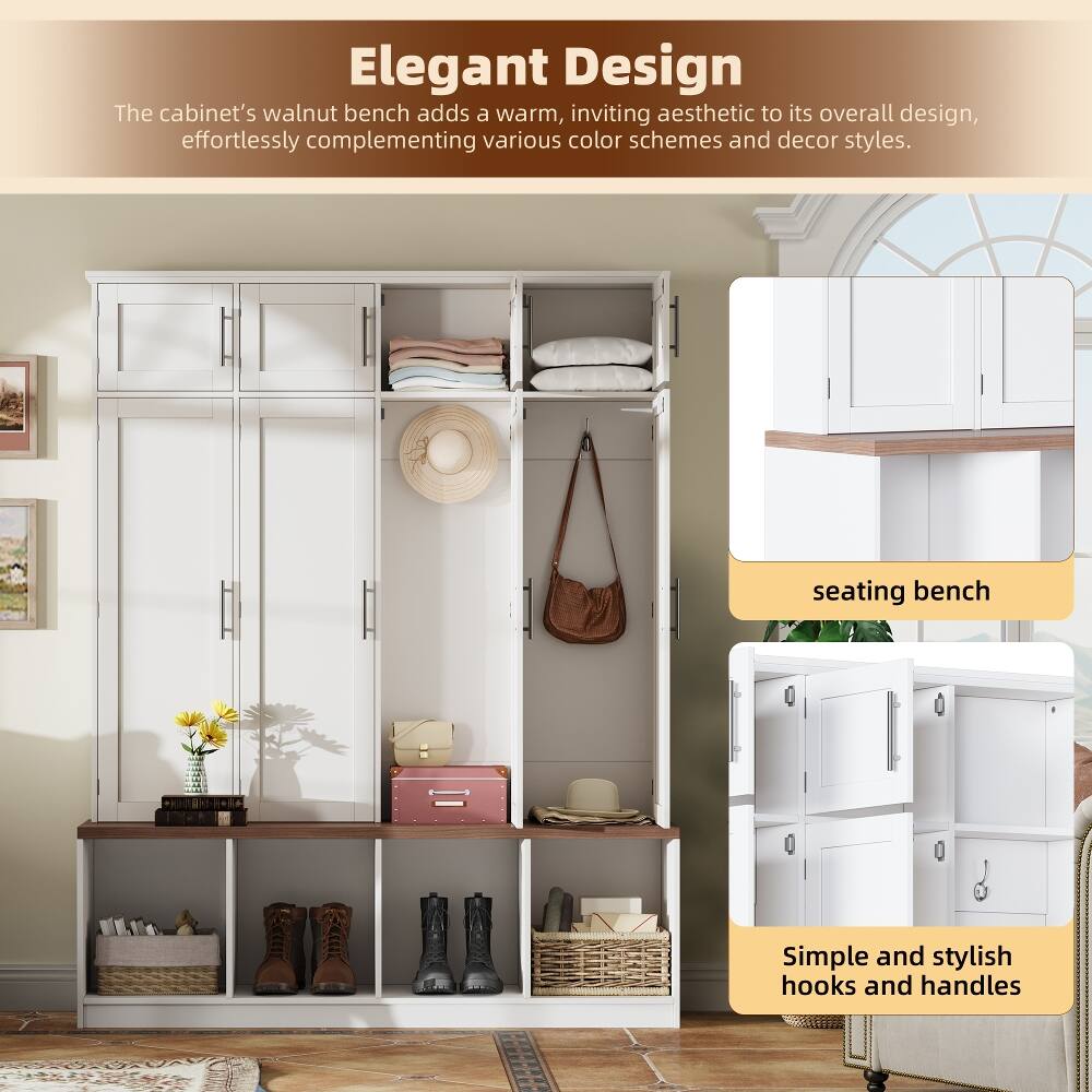 Elegant Design  
The cabinet's walnut bench adds a warm, inviting aesthetic to its overall design, effortlessly complementing various color schemes and decor styles.  

seating bench  

Simple and stylish hooks and handles