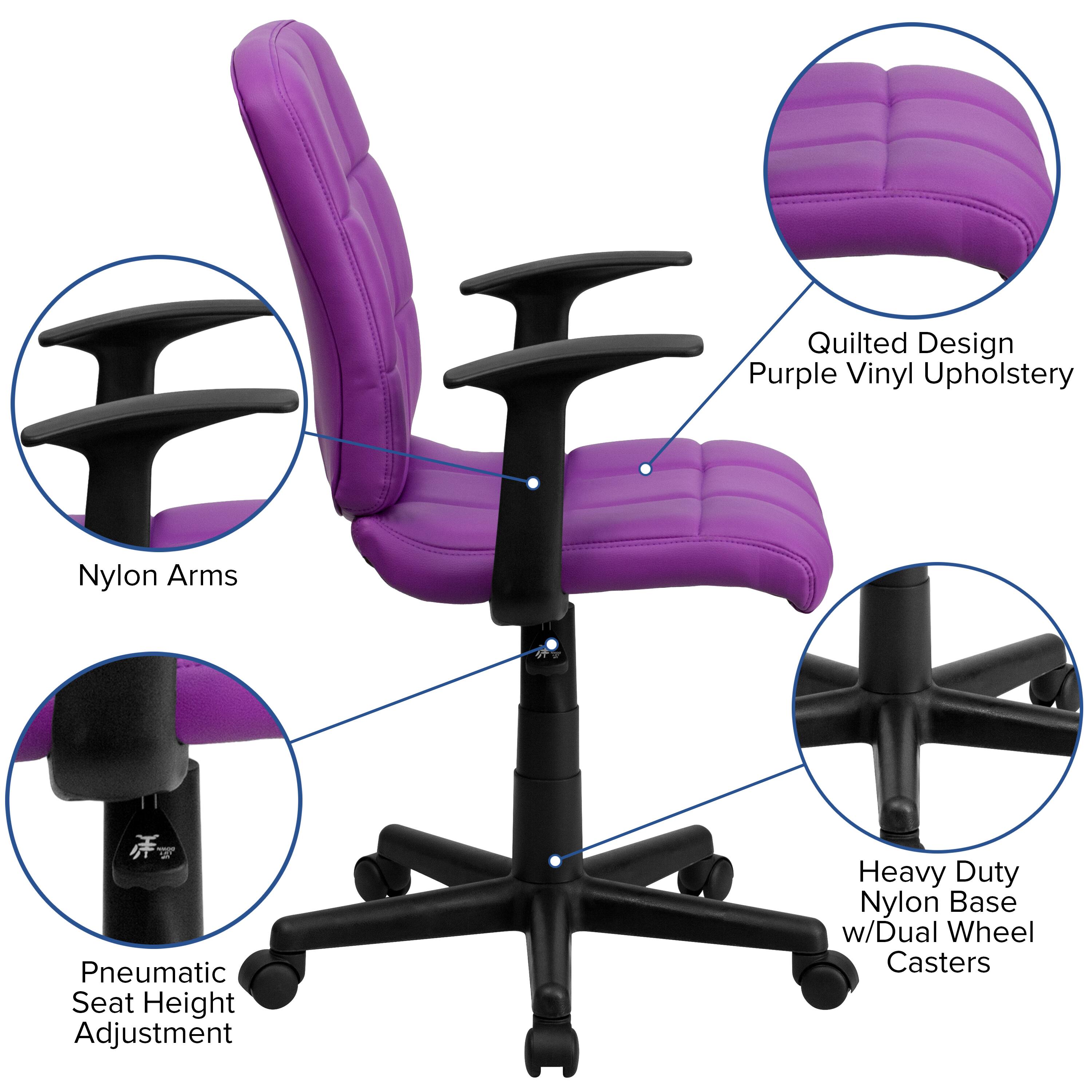 Quilted Design Purple Vinyl Upholstery  
Nylon Arms  
Pneumatic Seat Height Adjustment  
Heavy Duty Nylon Base w/Dual Wheel Casters