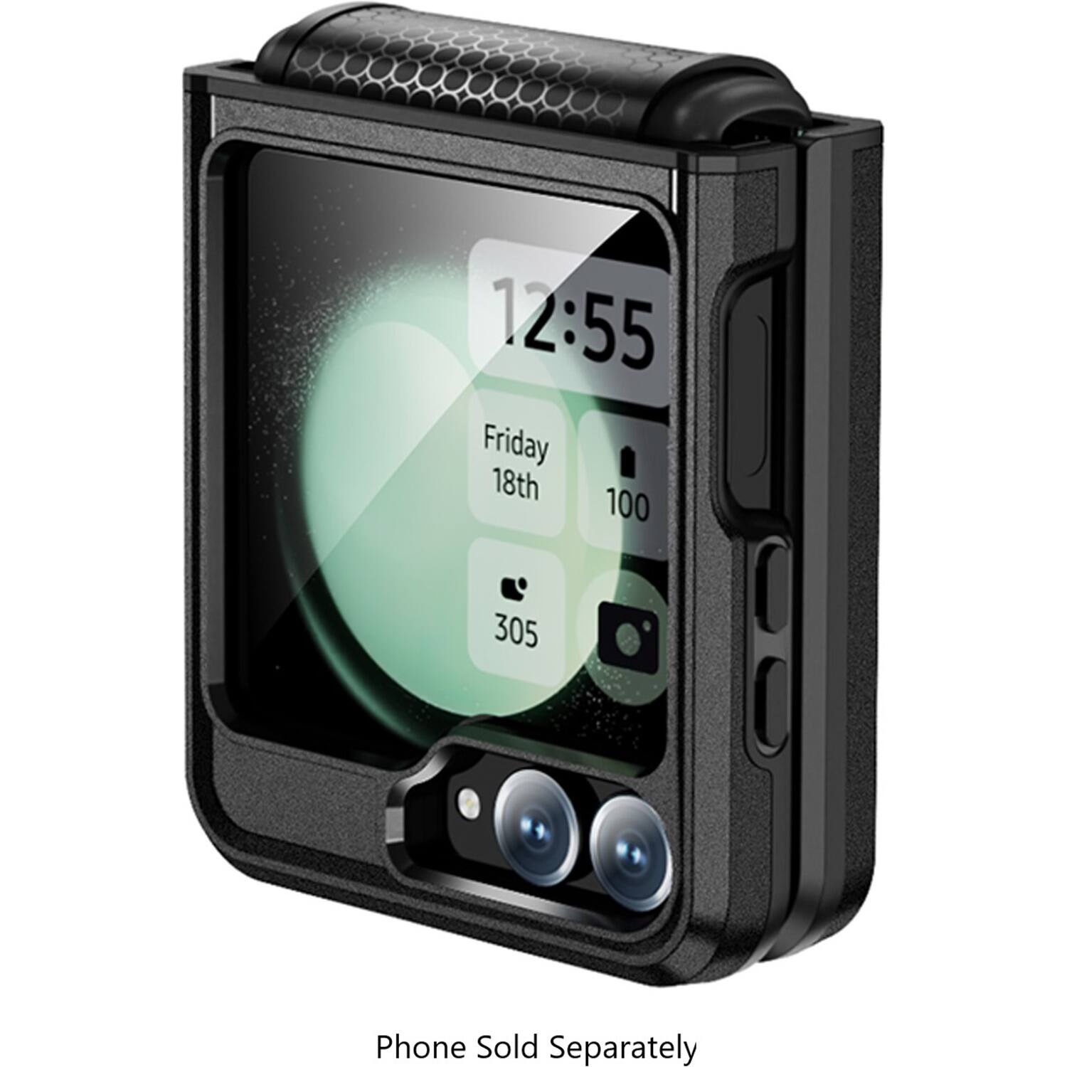 The image shows a cell phone that is sold separately. The phone is displayed in a case, and the time is 12:55 on Friday, the 18th. The phone is a 305 model, and it is placed in a black case.