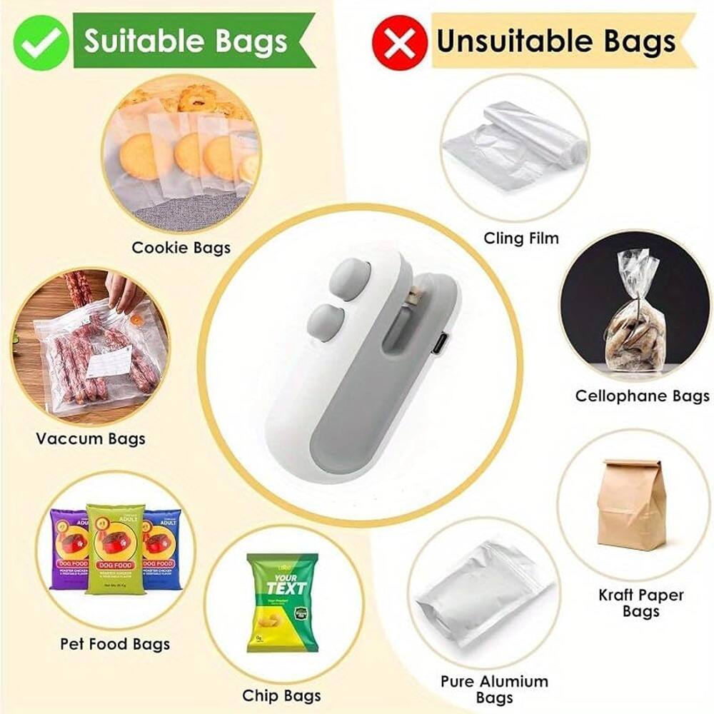 Suitable Bags  
- Cookie Bags  
- Vaccum Bags  
- Pet Food Bags  
- Chip Bags  

Unsuitable Bags  
- Cling Film  
- Cellophane Bags  
- Kraft Paper Bags  
- Pure Aluminium Bags