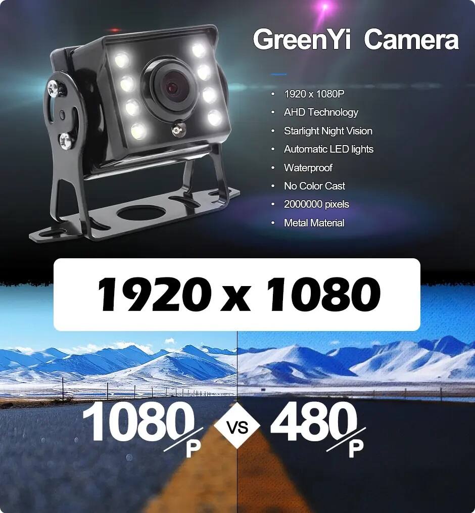 GreenYi Camera  
1920 x 1080P  
AHD Technology  
Starlight Night Vision  
Automatic LED lights  
Waterproof  
No Color Cast  
2000000 pixels  
Metal Material  

1920 x 1080  
1080P vs 480P