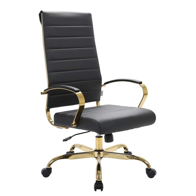Front. LeisureMod - Benmar High-Back Leather Office Chair with Gold Accents, Adjustable Height, Swivel and Tilt Conference Desk Chair - Black.