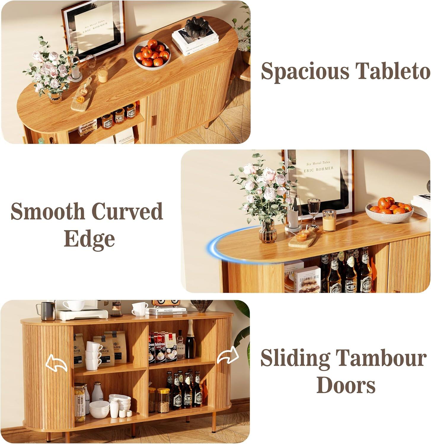 - Spacious Tabletop
- Smooth Curved Edge
- Sliding Tambour Doors