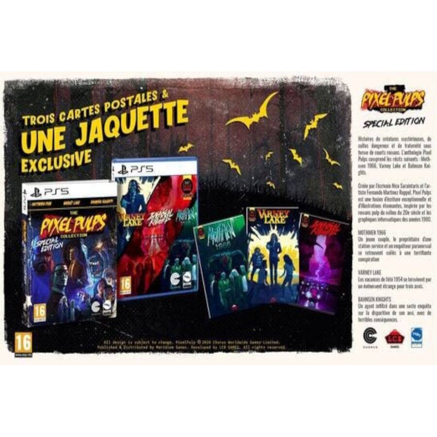 TROIS CARTES POSTALES & UNE JAQUETTE EXCLUSIVE

PSS PSS FRIEX VRNEY PULPS LAKE LAKE PIXEL PATN SPECIAL EDITION PIXELPULPS SPECIAL EDITION

de créateurs de traternits de Canthologie N ins nicits WO 1966 Varey Lake et Fabecms Eo d Cade po Nice Saruintars et tu Tide Peel et e marte pN de 20k ef des 1980 1966 k Com I 16 VARNEY LAKE le de fata 1954  tersisest 16 16 - la  dam secte enqulte de - Bc de

PIXEL PULPS
SPECIAL EDITION

Créé par les frères Nicci Saruintars et Fernando Martinez. Pixel Pulps est une série de romans graphiques inspirés par les jeux vidéo des années 1980-1990. Le premier volume, "Varney Lake", est une adaptation du jeu vidéo "Varney Lake" de 1986, développé par le studio de jeux vidéo "Varney Lake".