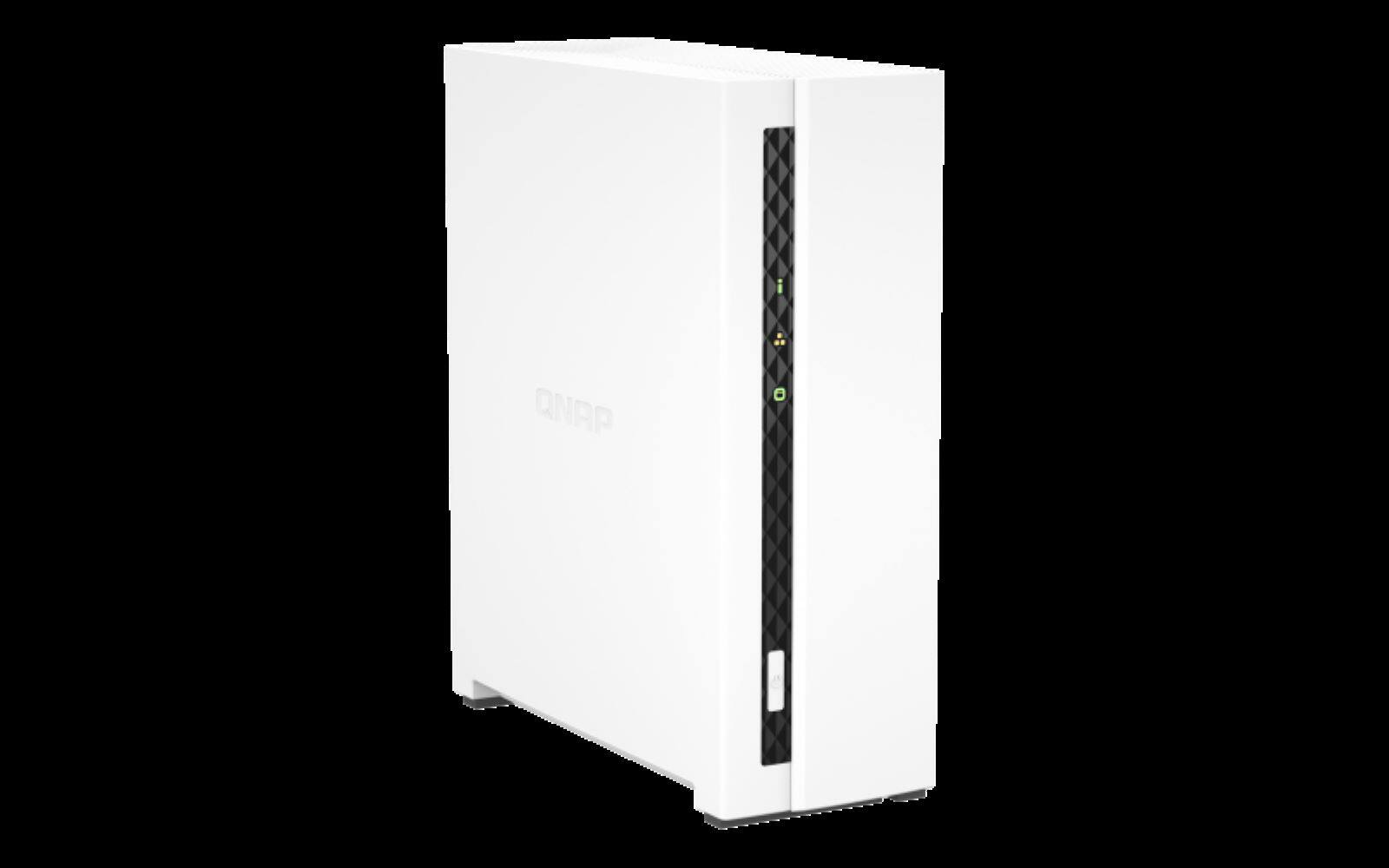 Left. QNAP - QNAP TS-133-US 1 Bay Affordable Desktop NAS with ARM Cortex-A55 quad-core processor and 2 GB DDR4 RAM (Diskless) - White.