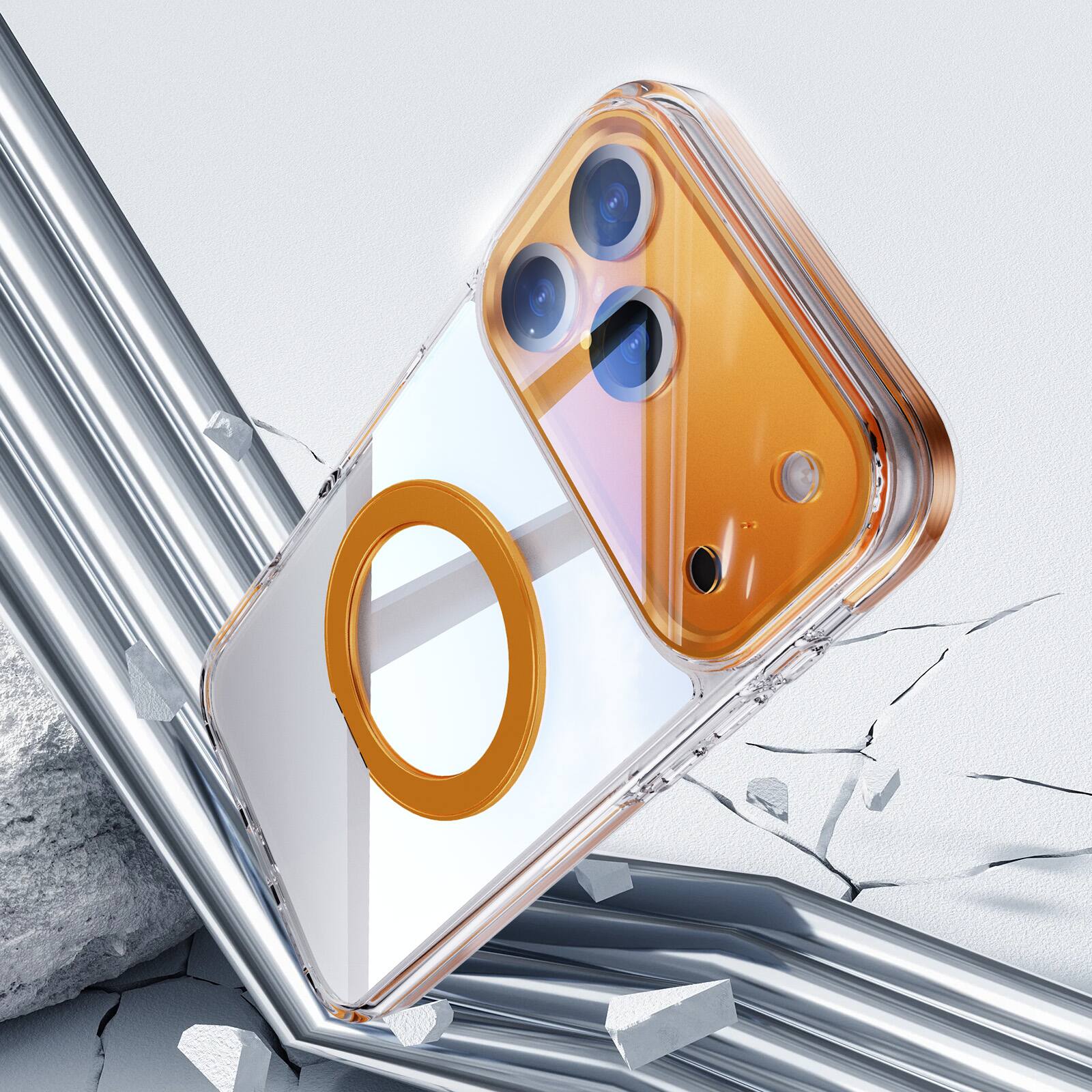 Back. Dteck - Magnetic Clear Phone Case for Apple iPhone 17 Pro Max with Metal Rotating Stand,Shockproof PC+TPU Slim Transparent Cover - Orange.