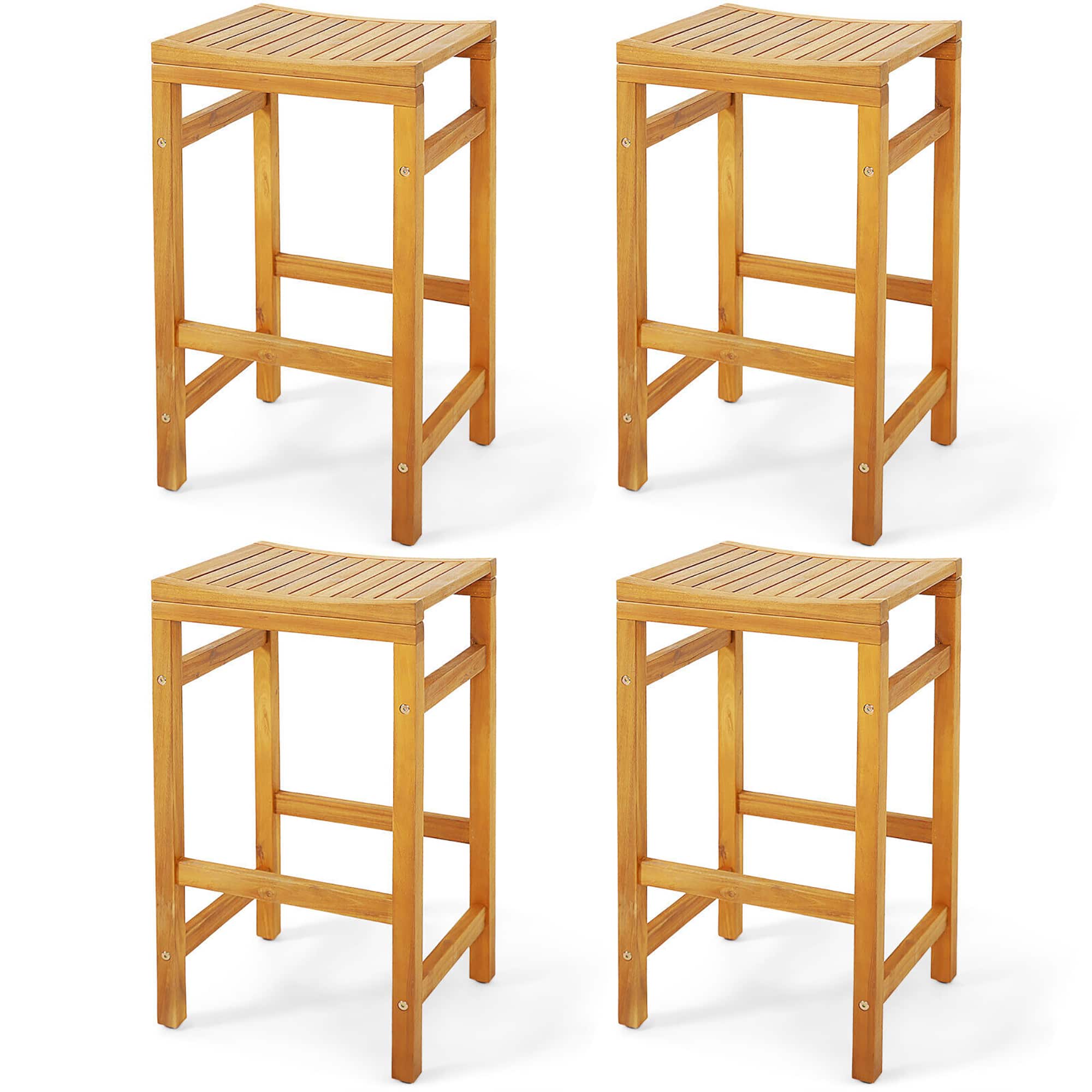 Gymax - Set of 4 Acacia Wood Bar Stool 30-Inch Height Bar Chair with Saddle Shaped Seat - Teak