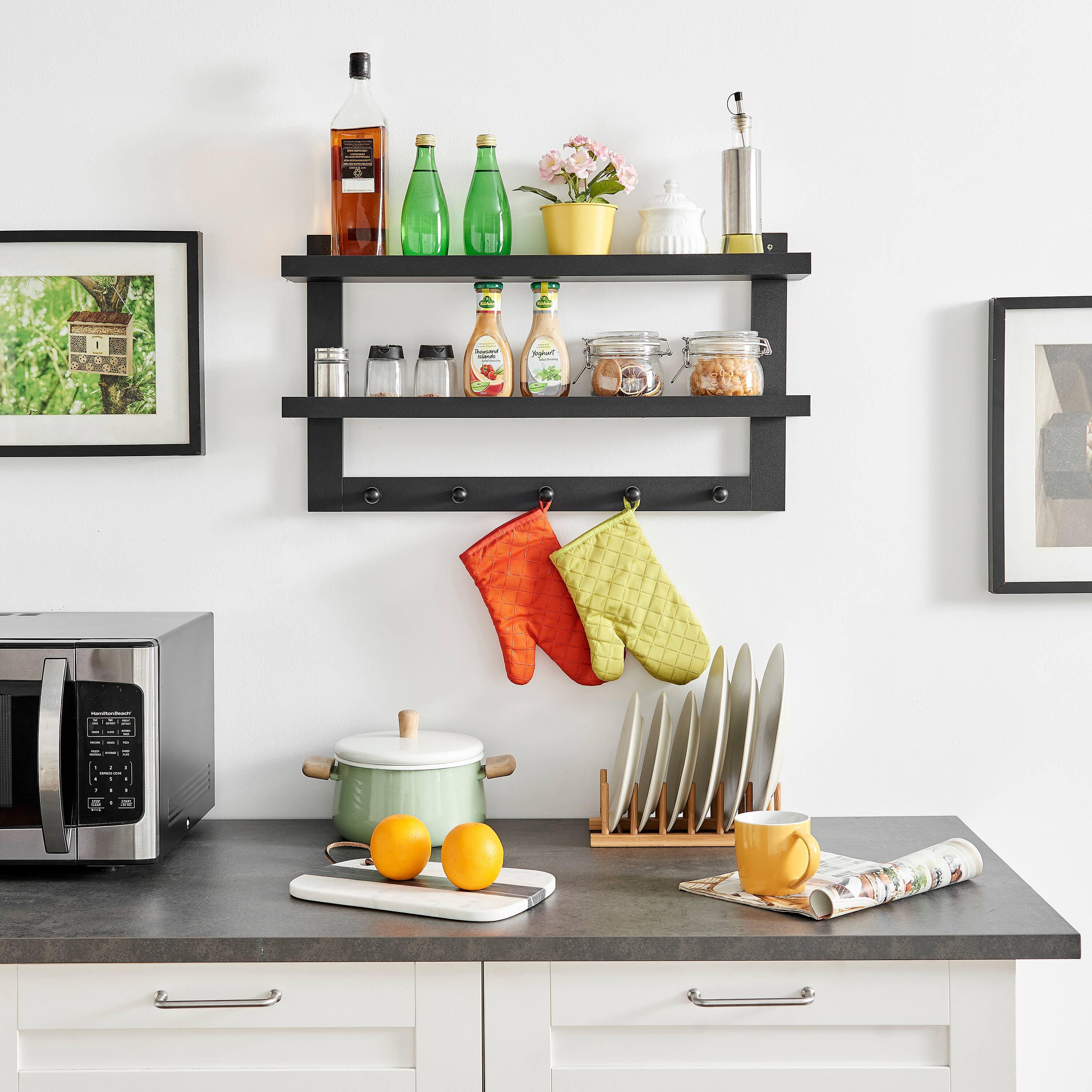 Alt View 1. Danya B - Two-Tier Ledge Shelf Wall Organizer with Five Hanging Hooks - Black - Black.