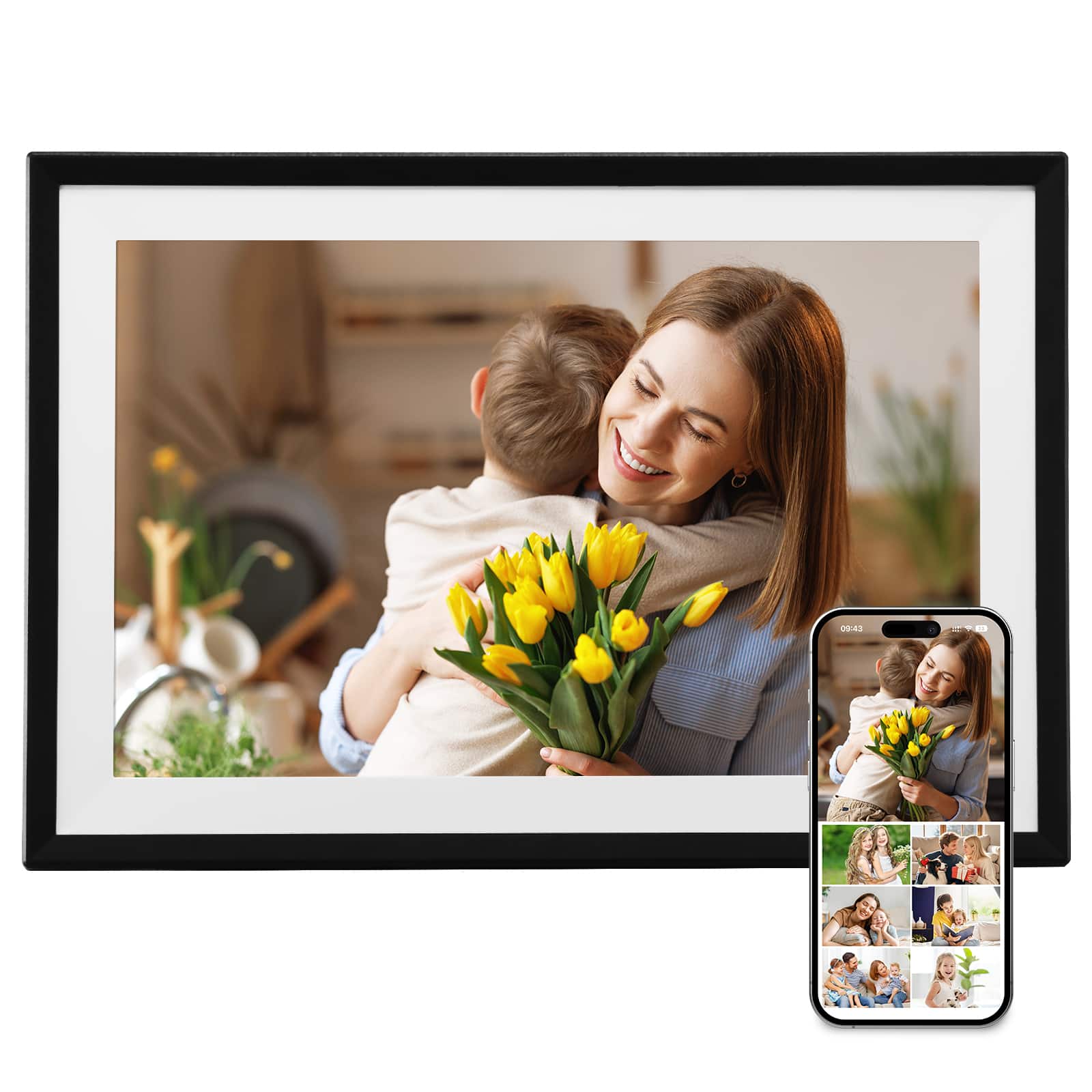 Front. VEVOR - Digital Picture Frame 10.1 Inch, 1280x800 HD IPS Touch Screen Electronic Photo Frame, 32GB Memory - Black + White.