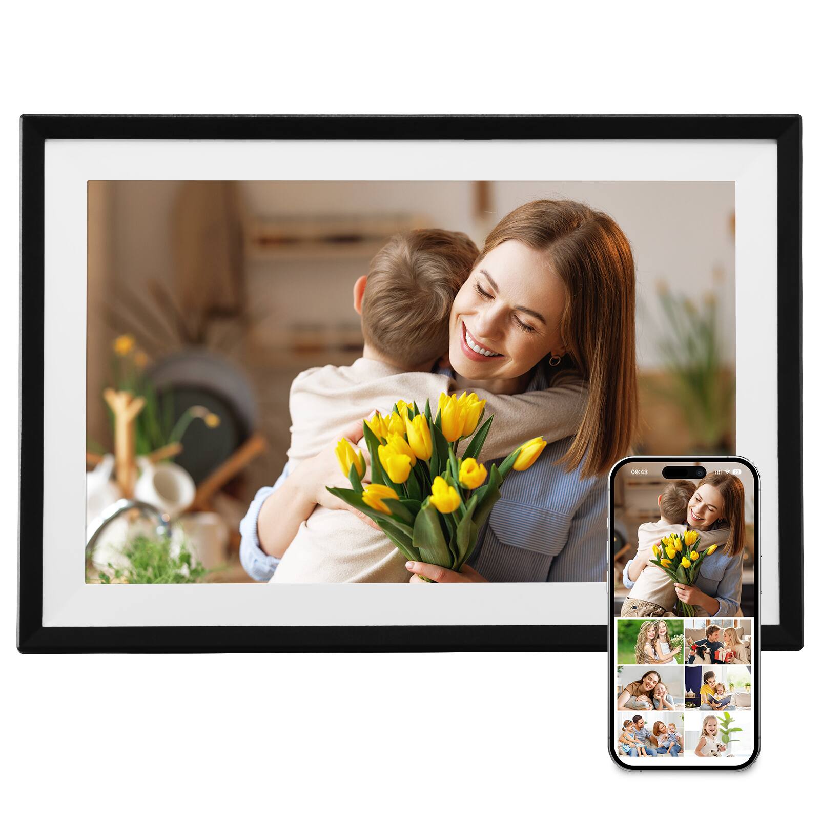 Front. VEVOR - Digital Picture Frame 10.1 Inch, 1280x800 HD IPS Touch Screen Electronic Photo Frame, 32GB Memory - Black + White.