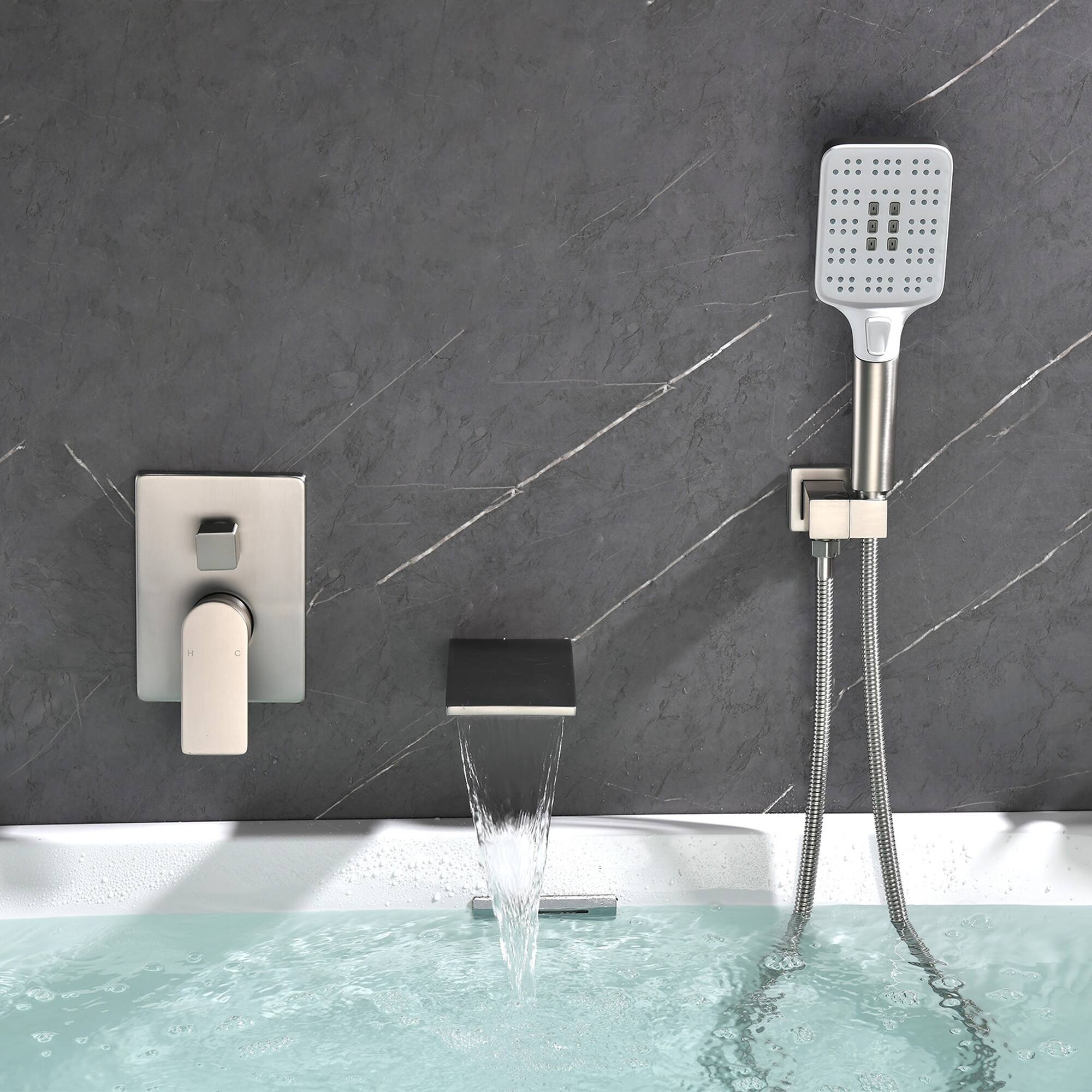 Alt View 3. Boyel Living - Brushed Nickel Wall Mount Bathtub Faucet Brass 2-Function Valve Push-Button Handheld 60-Inch Steel Hose cUPC - Brushed Nickel.