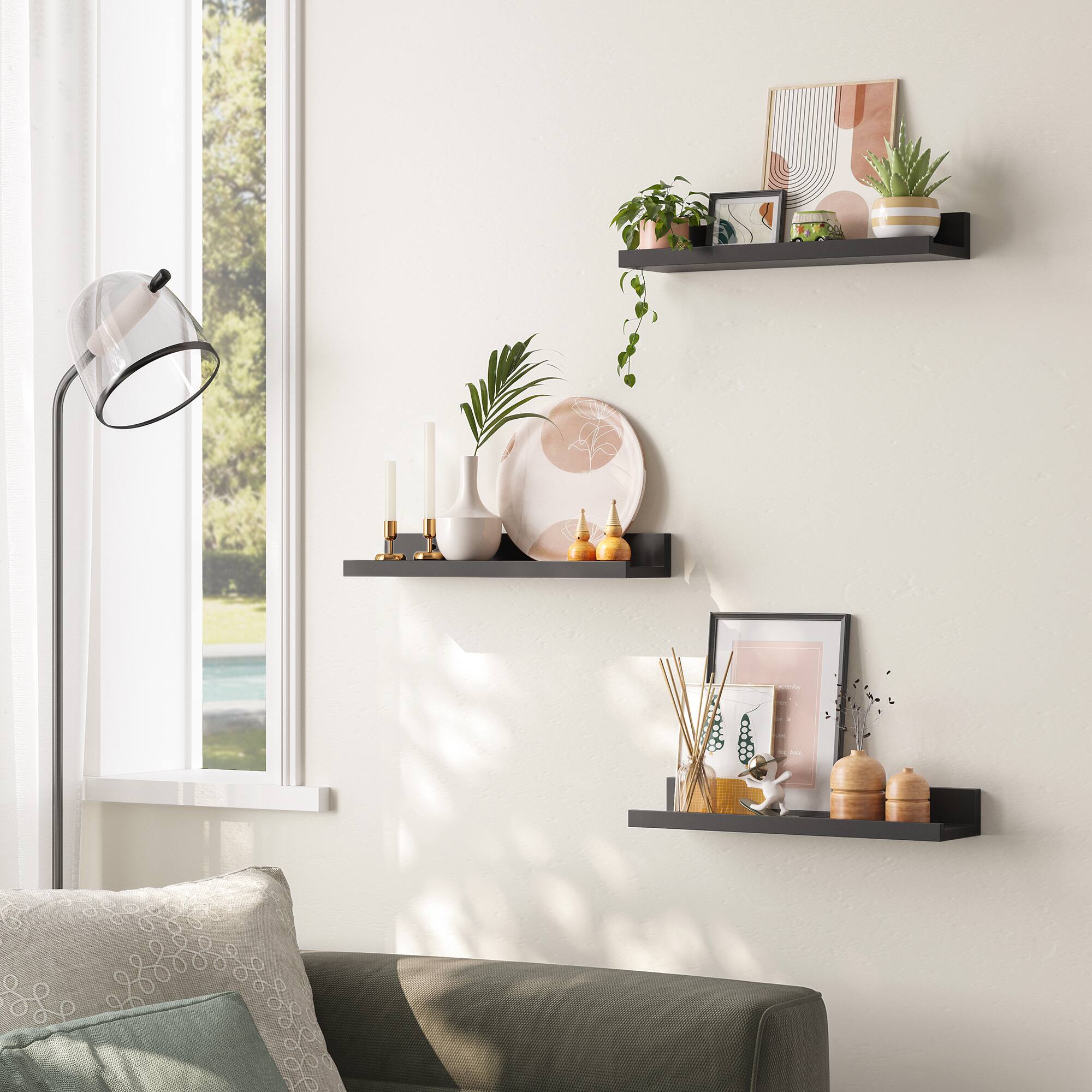 Left. Songmics Home - Floating Shelves, Set of 3 Wall Shelves, 15-Inche Wide, for Photo Frames and Trinkets, for Living Room, Home Office - Black.