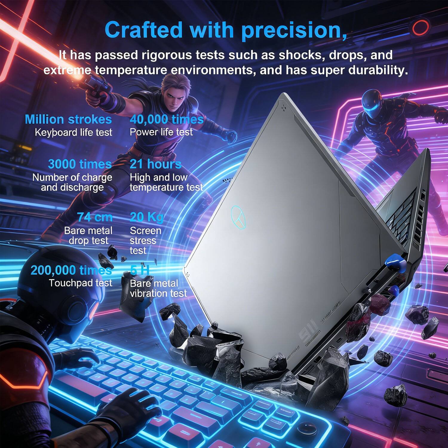 Crafted with precision, it has passed rigorous tests such as shocks, drops, and extreme temperature environments, and has super durability.

- Million strokes: 40,000 times (Keyboard life test)
- 3000 times: 21 hours (Number of charge and discharge, High and low temperature test)
- 74 cm: 20 Kg (Bare metal drop test)
- 200,000 times: 5H (Touchpad test, Bare metal vibration test)
- Screen stress test