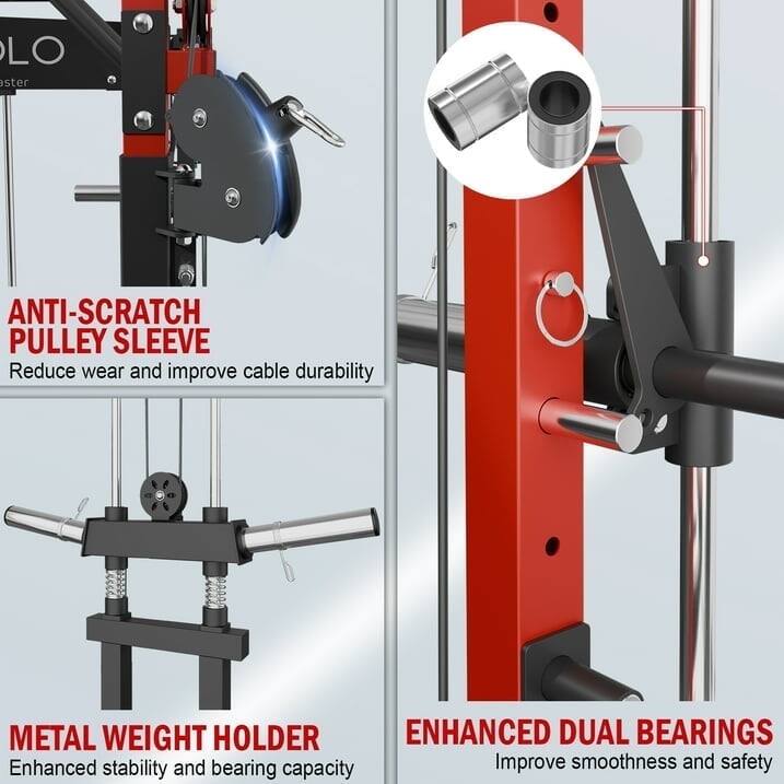 - **ANTI-SCRATCH PULLEY SLEEVE**  
  Reduce wear and improve cable durability

- **METAL WEIGHT HOLDER**  
  Enhanced stability and bearing capacity

- **ENHANCED DUAL BEARINGS**  
  Improve smoothness and safety