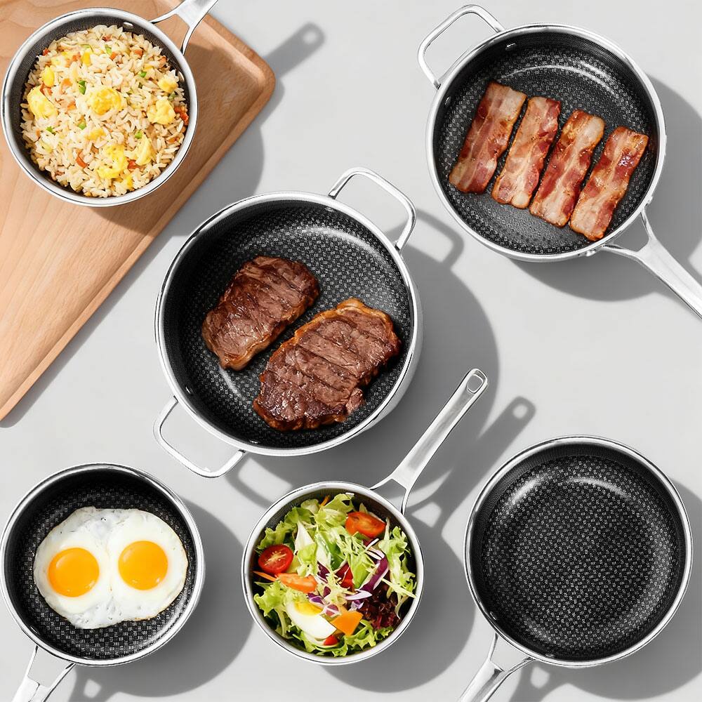 Left. Winado - 10-Piece Stainless Steel Non-Stick Cookware Set with Frying Pan, Saute Pan, Saucepan, Stockpot, Lids for Kitchen Cooking - Silver.