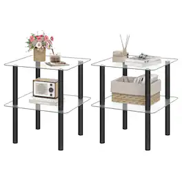 Costway - 2PCS Square End Table, 2-Tier Sofa Side Table with Clear Tempered Glass Top & Shelf - Clear & Black