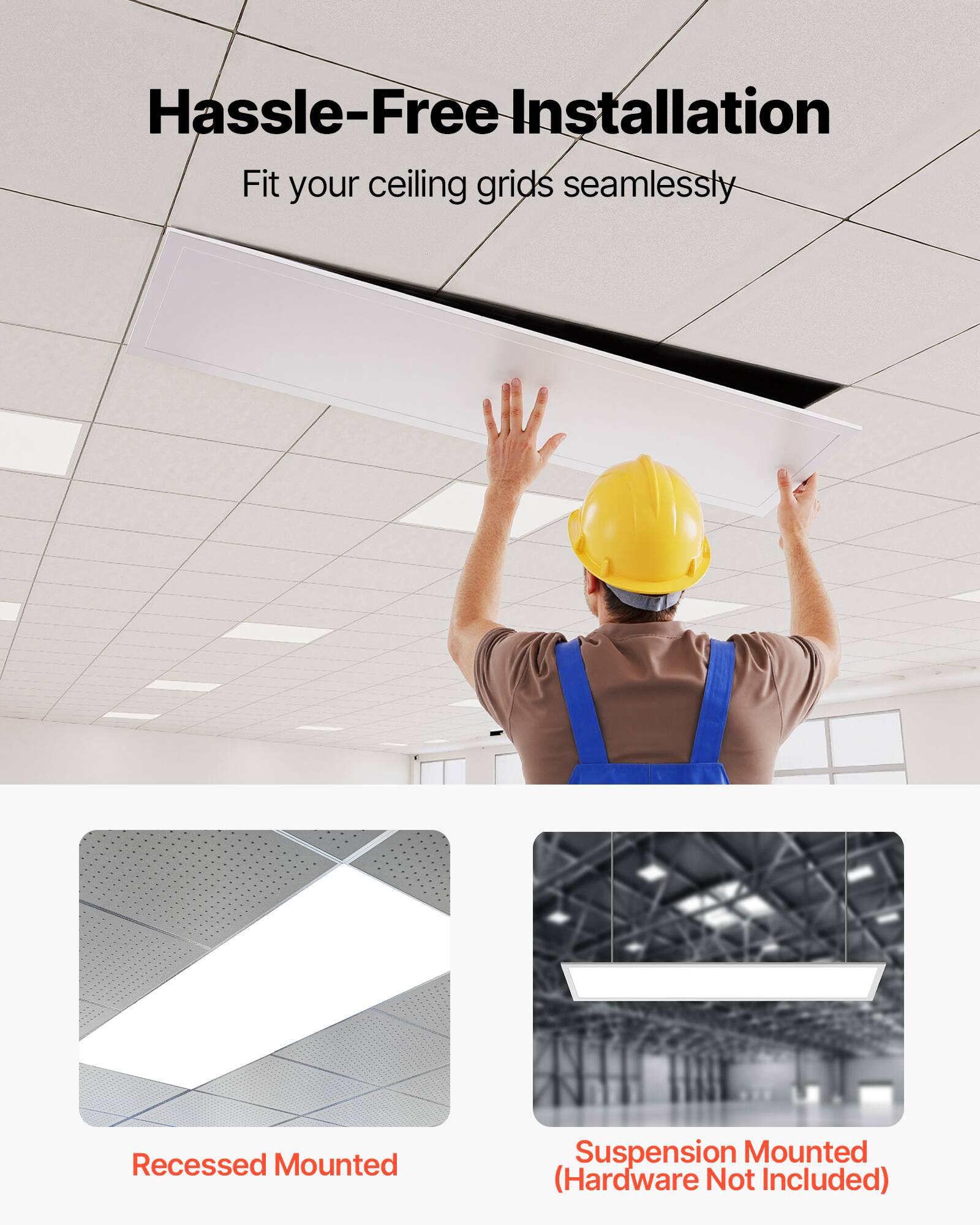 Hassle-Free Installation  
Fit your ceiling grids seamlessly  

Recessed Mounted  

Suspension Mounted  
(Hardware Not Included)