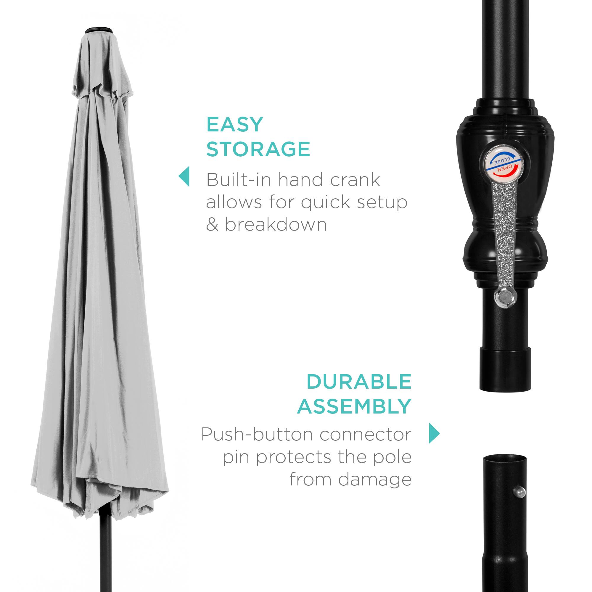 EASY STORAGE  
Built-in hand crank allows for quick setup & breakdown  

DURABLE ASSEMBLY  
Push-button connector pin protects the pole from damage
