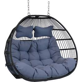 Sunnydaze - Black Resin Wicker Loveseat Hanging Egg Chair with Cushion - Gray