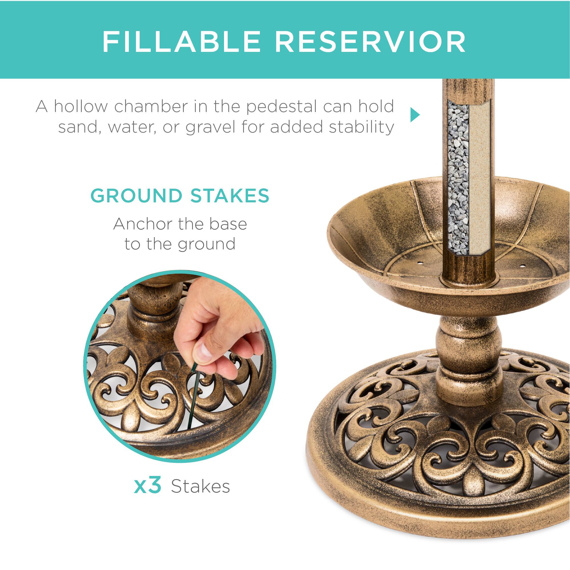 FILLABLE RESERVIOR  
A hollow chamber in the pedestal can hold sand, water, or gravel for added stability  

GROUND STAKES  
Anchor the base to the ground  

x3 Stakes