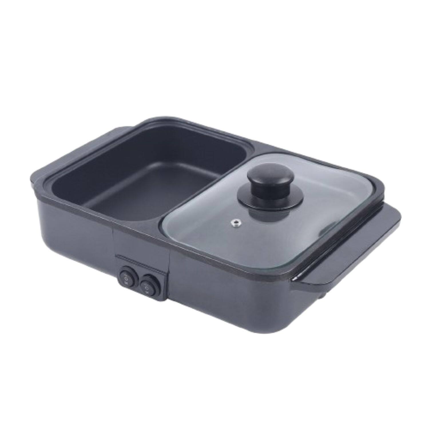 Front. Home Collection - Mini 2-in-1 Electric Hot Pot & BBQ Grill Smokeless Shabu Cooking Pan 1200W - Black / Silver.