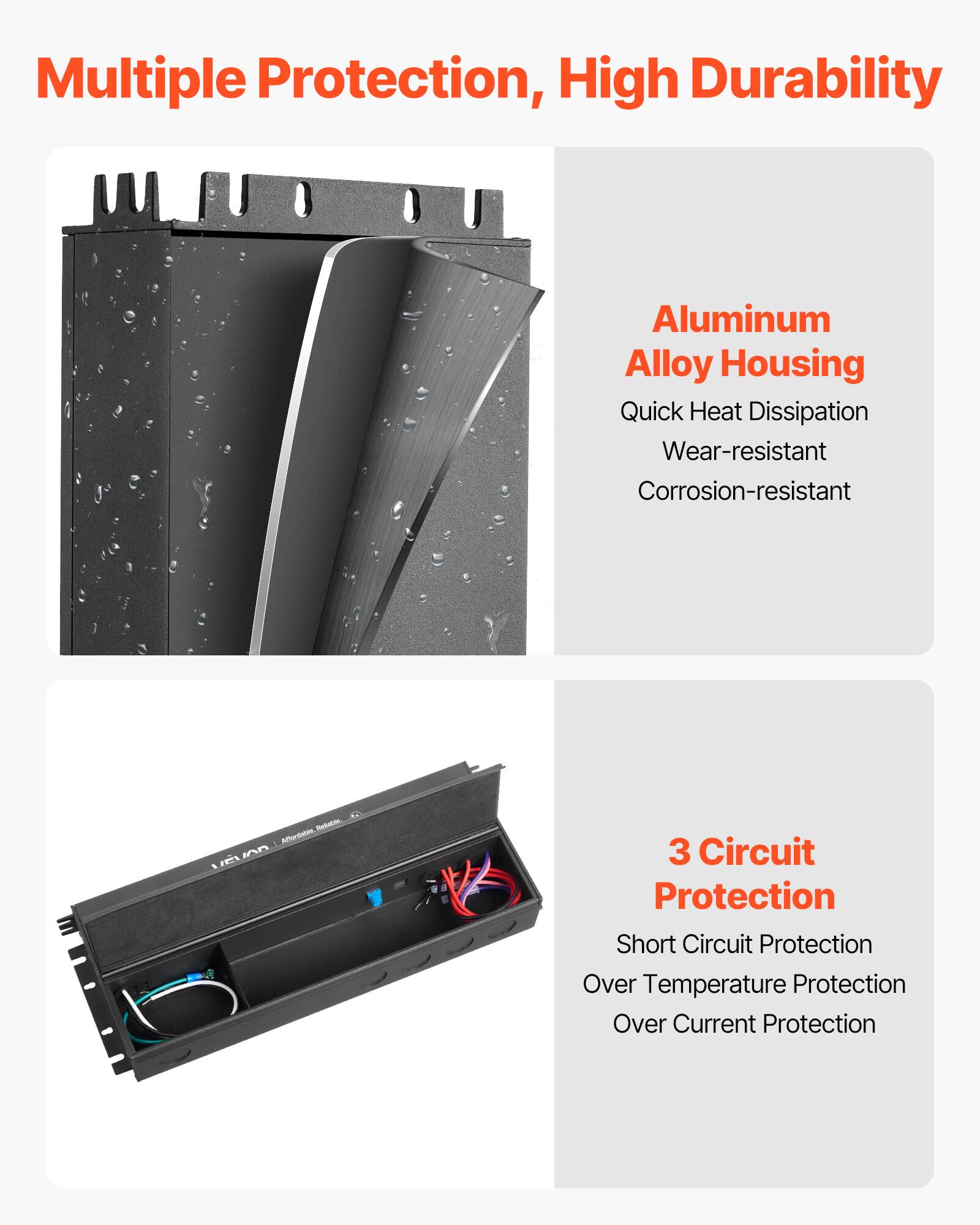 Multiple Protection, High Durability

Aluminum Alloy Housing
- Quick Heat Dissipation
- Wear-resistant
- Corrosion-resistant

3 Circuit Protection
- Short Circuit Protection
- Over Temperature Protection
- Over Current Protection