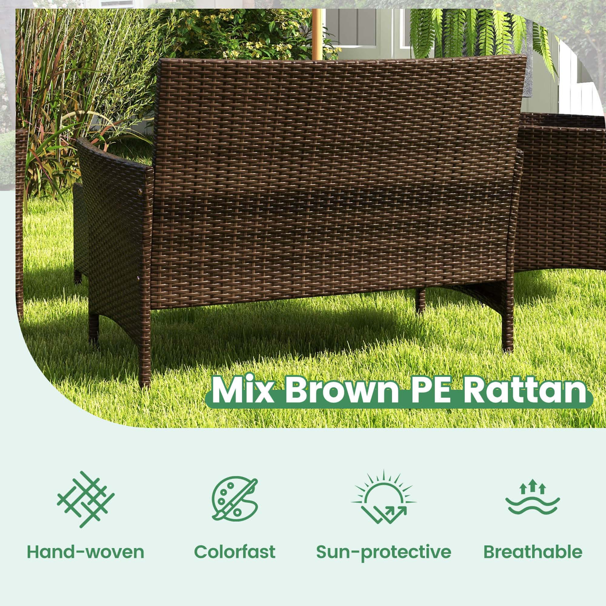 Mix Brown PE Rattan is a hand-woven, colorfast, sun-protective, and breathable outdoor furniture.