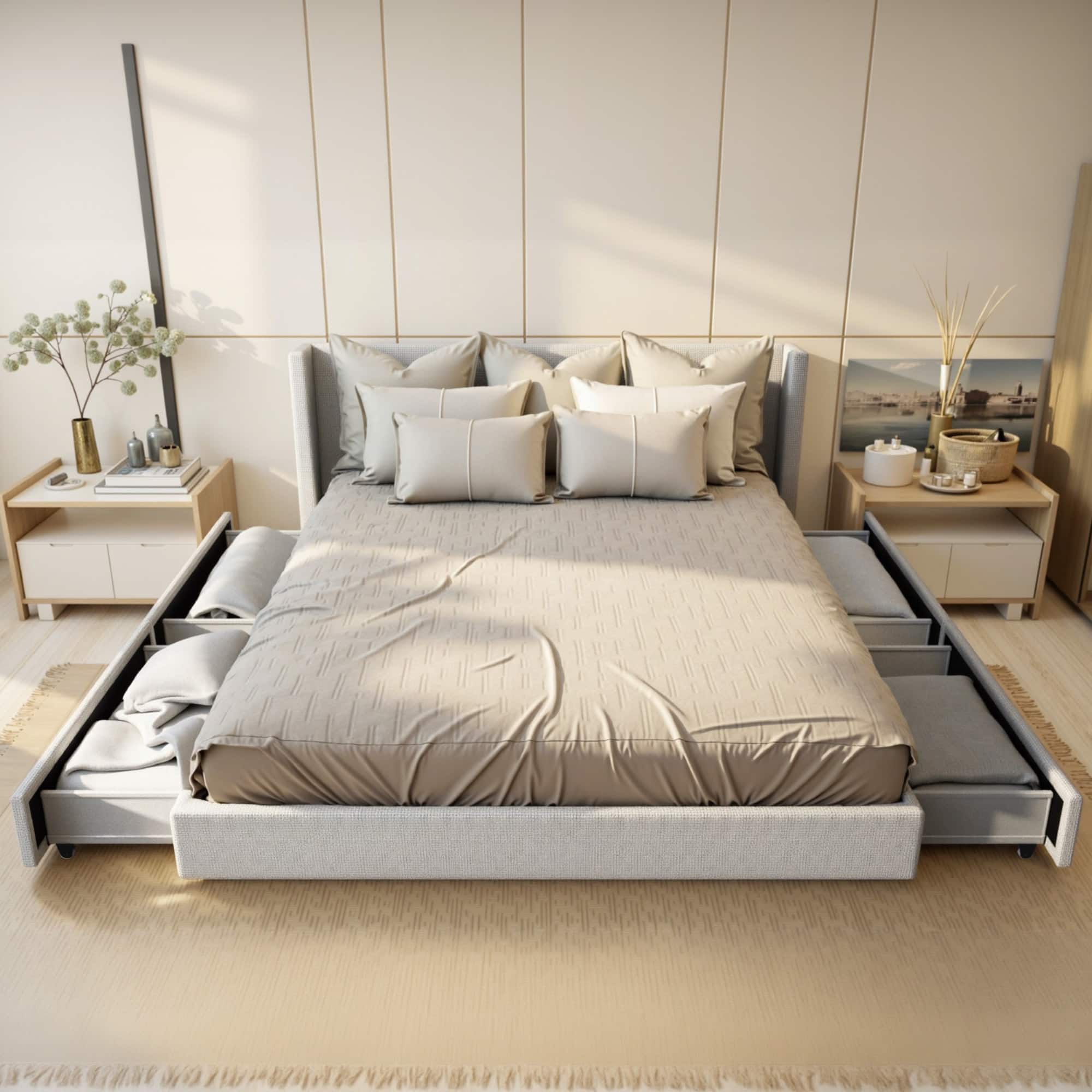 Brick Attic - 800lbs Upholstered Wingback Platform Bed with Drawers Storage, Solid Wood Frame and 4 Clear Nylon Drawers - White