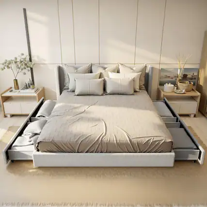 Front. Brick Attic - 800lbs Upholstered Wingback Platform Bed with Drawers Storage, Solid Wood Frame and 4 Clear Nylon Drawers - White.