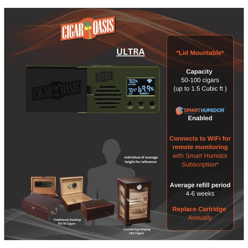 CIGAR OASIS ULTRA *Lid Mountable*  
CIGAR OASIS ULTRA  
100% mT P 704 b 9% HUMIDITY  
Capacity: 50-100 cigars (up to 1.5 Cubic ft)  
SMART HUMIDOR Enabled  
Connects to WiFi for remote monitoring with Smart Humidor Subscription*  
Average refill period: 4-6 weeks  
Replace Cartridge Annually  

Traditional Desktop: 50-75 Cigars  
Countertop Display: 150 Cigars