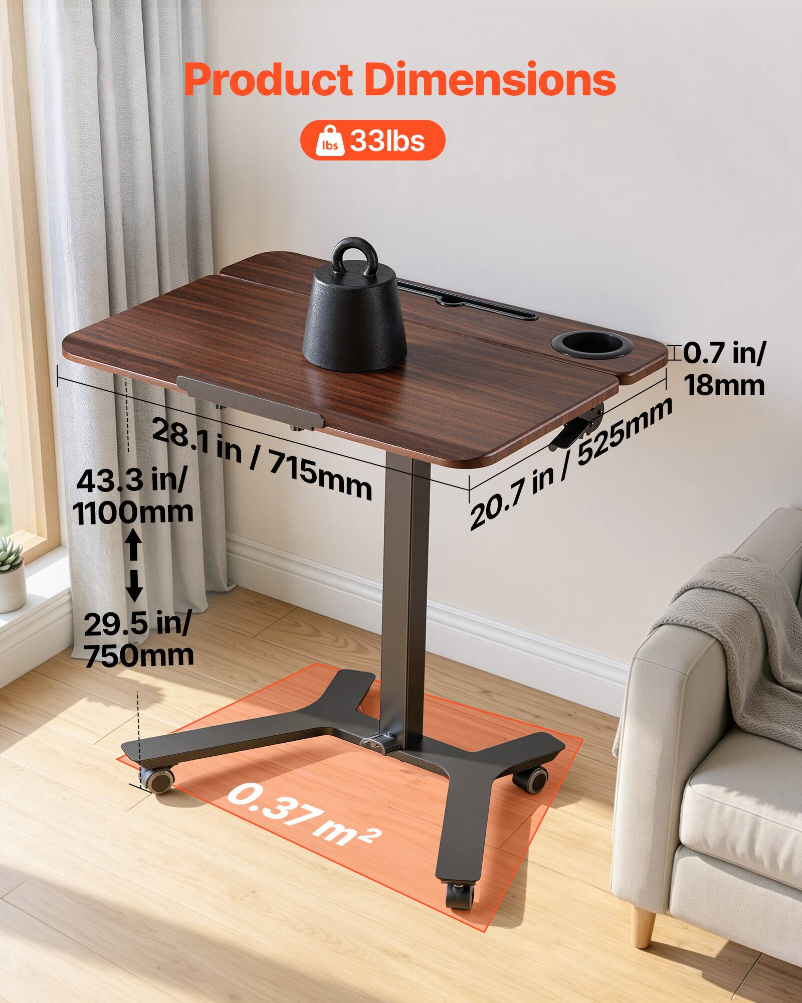 Product Dimensions

- Weight: 33 lbs
- Length: 43.3 in / 1100 mm
- Width: 28.1 in / 715 mm
- Height: 29.5 in / 750 mm
- Thickness: 0.7 in / 18 mm
- Base: 20.7 in / 525 mm
- Floor Space: 0.37 m²