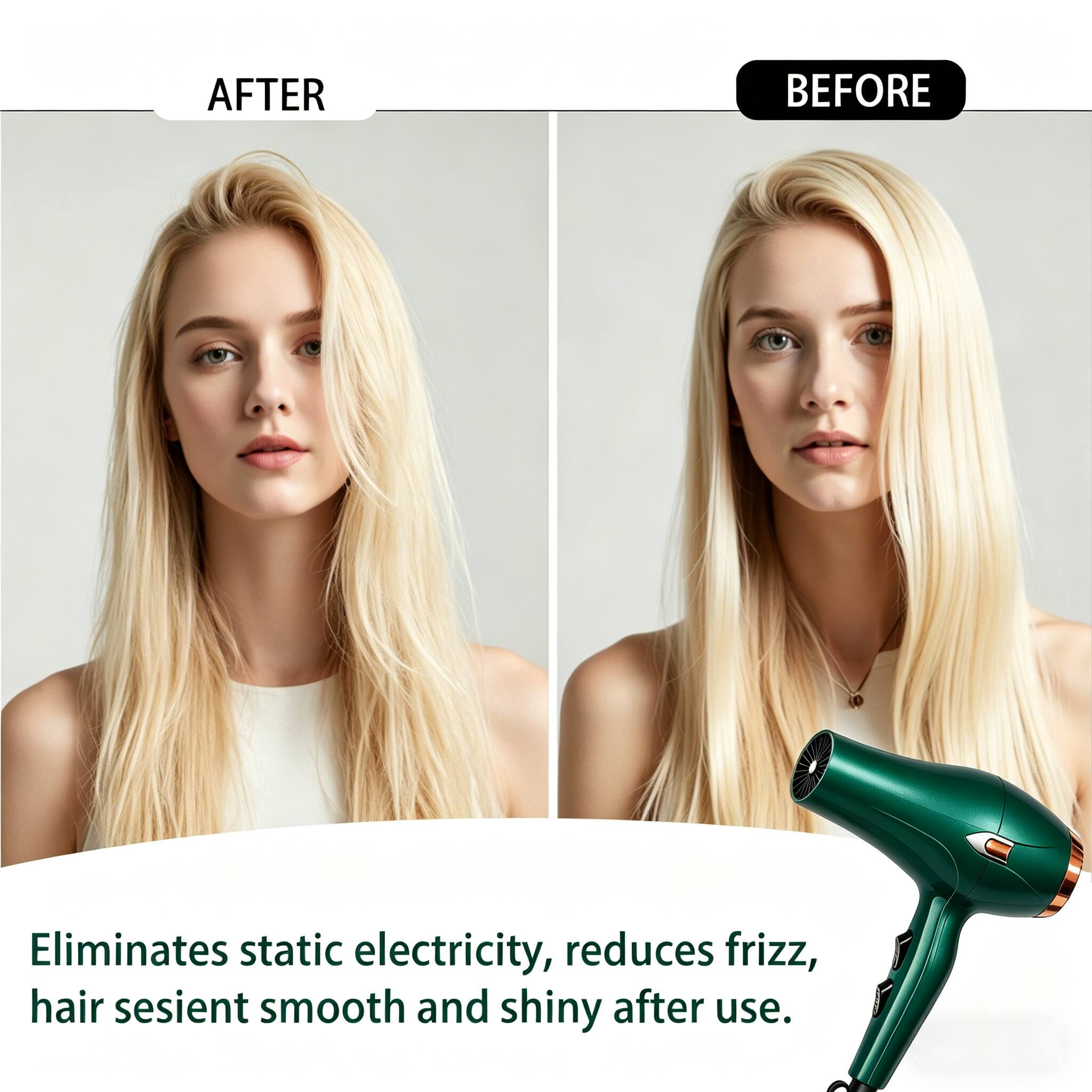 Eliminates static electricity, reduces frizz, hair feels smooth and shiny after use.