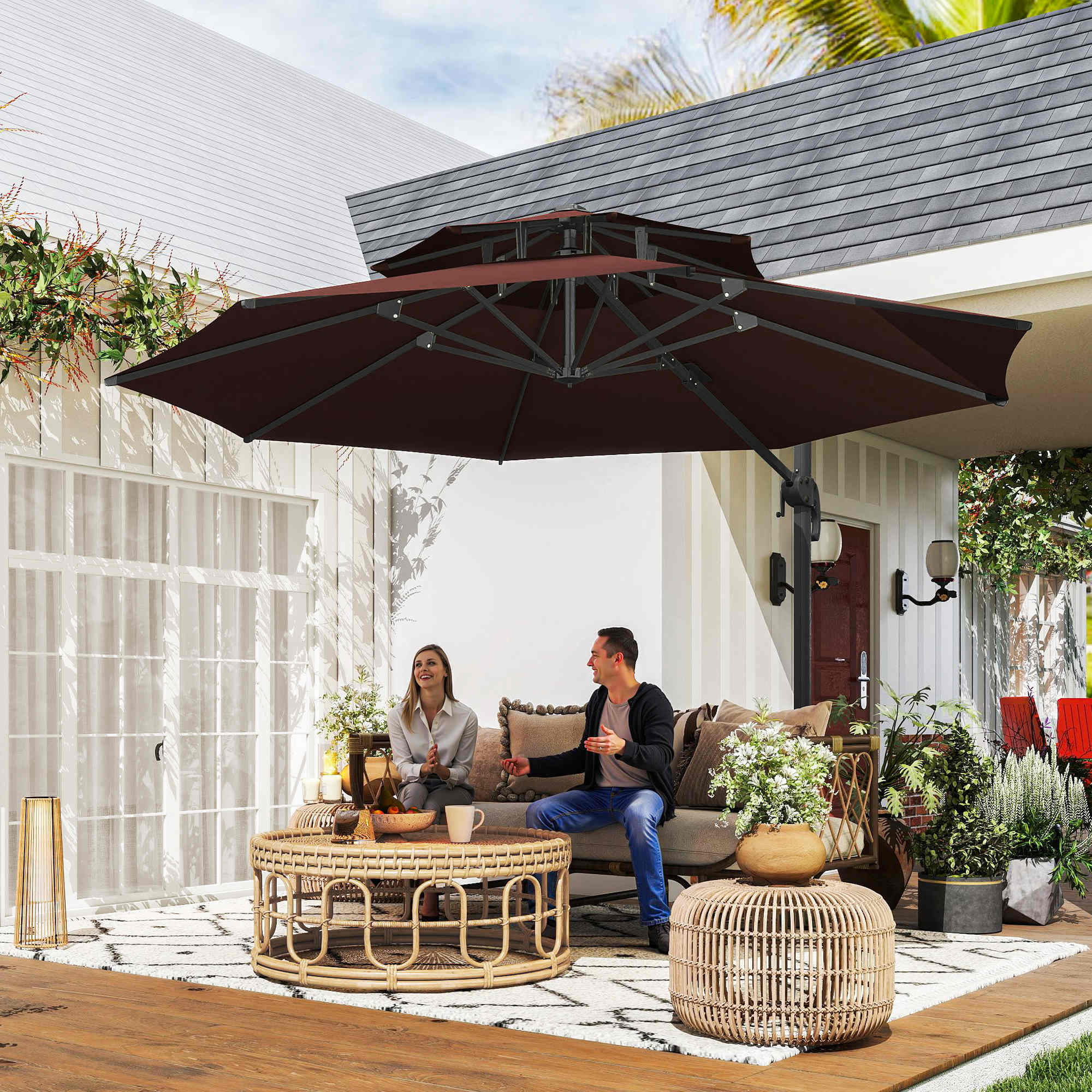 Alt View 1. Outsunny - 11ft Cantilever Patio Umbrella with Base, Double Top Hanging Aluminum Offset Umbrella with 360° Rotation, Easy Tilt - Brown.