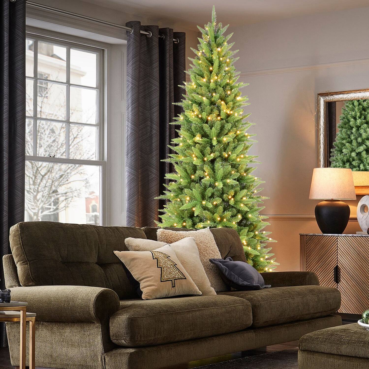 Front. Lirago - 6FT Pre-Lit Artificial Christmas Tree with 300 Warm White LEDs 850 PE/PVC Tips Slim Space-Saving Design for Home Deco - Green.