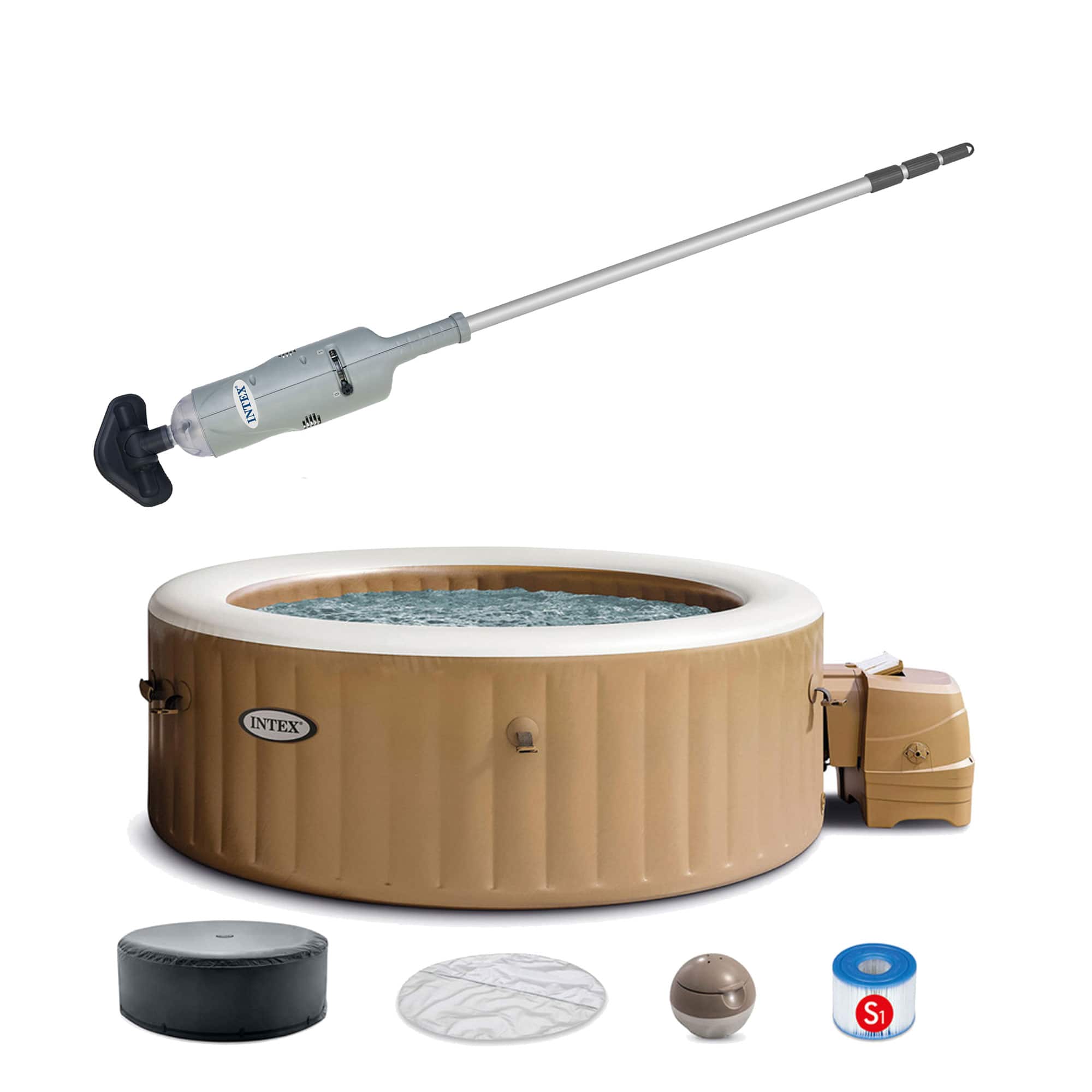 Intex - Handheld Pool Vacuum with PureSpa 4 Person Inflatable Hot Tub, Sahara Tan - Gray