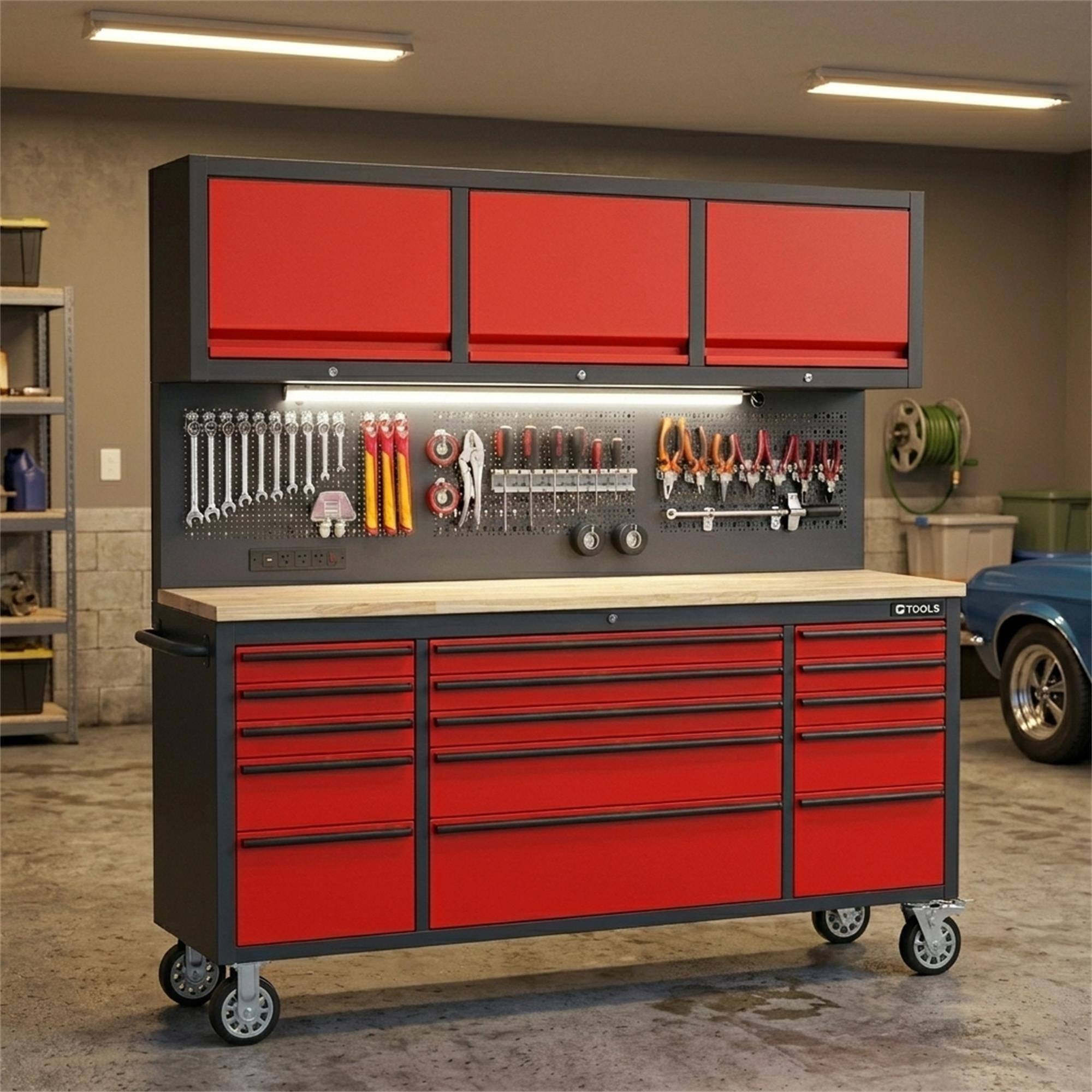 Alt View 2. Boyel Living - 72 inch Rolling Tool Chest with Power Strip Workbench Upper Cabinets Pegboard.