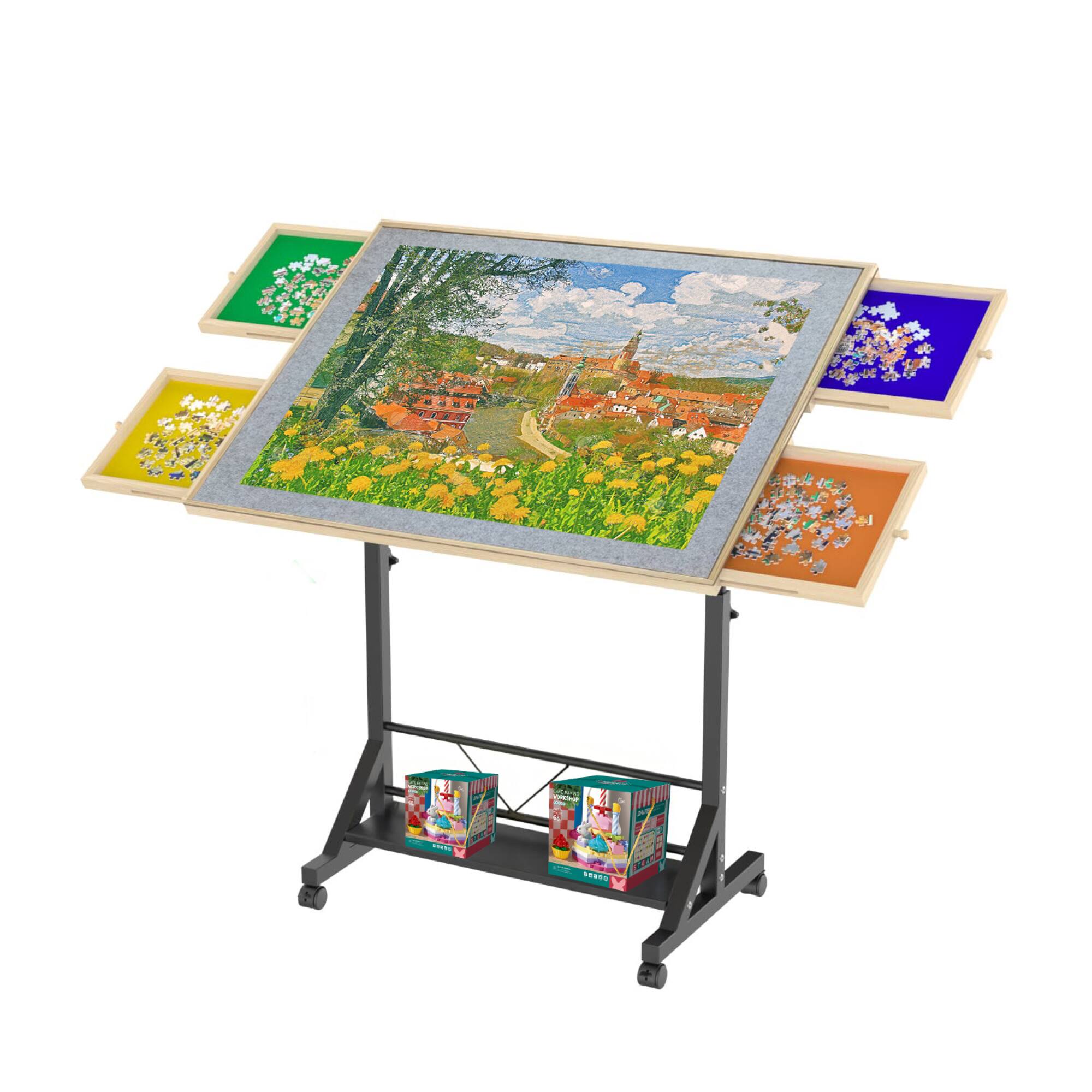 Alt View 7. GOODSILO - Adjustable Height and Angle Puzzle Table with Drawers and Wheels for 1500 Piece Puzzles, Large Work Surface - Black+Natural Wood.