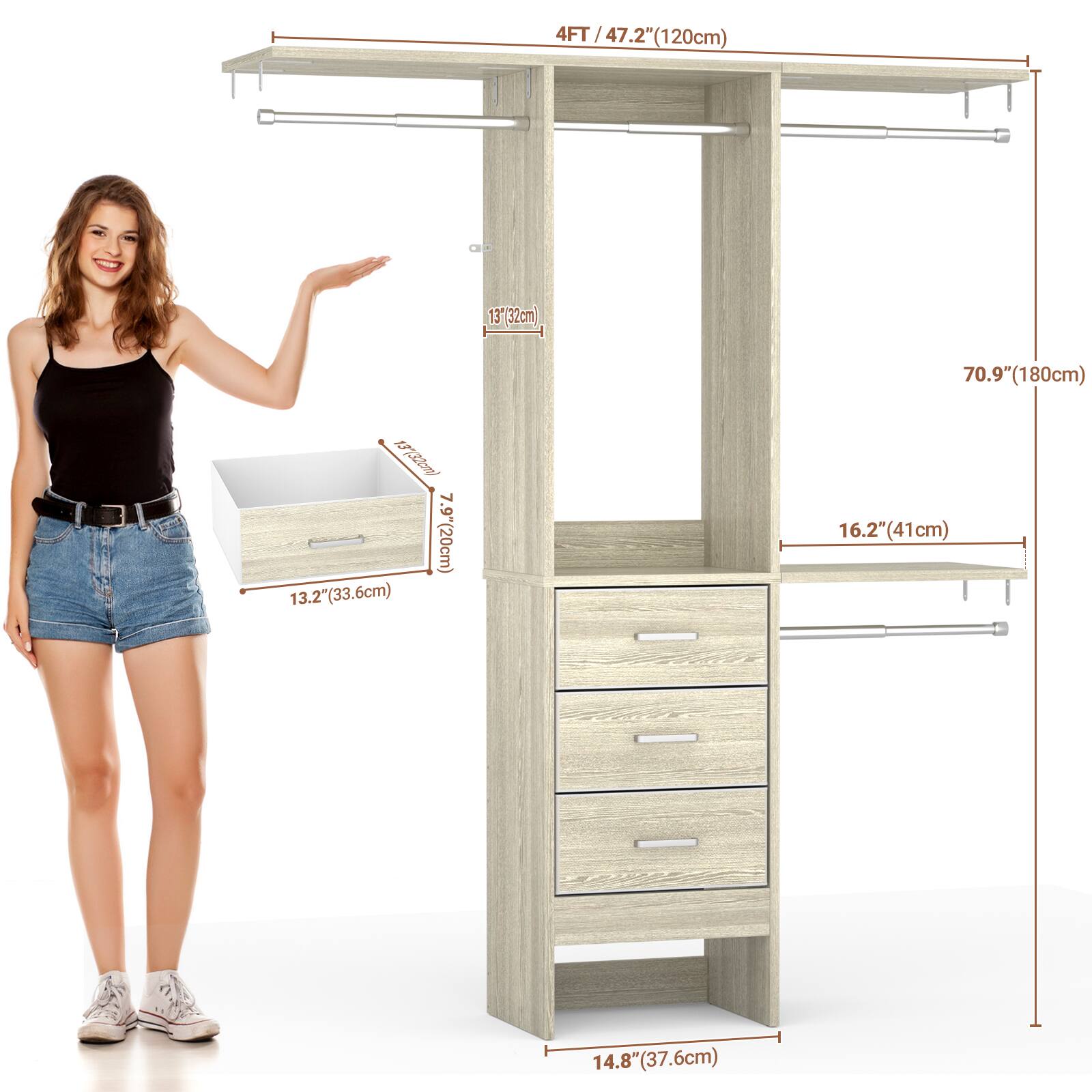 4FT / 47.2" (120cm)  
13" (32cm)  
70.9" (180cm)  
13.2" (33.6cm)  
16.2" (41cm)  
14.8" (37.6cm)