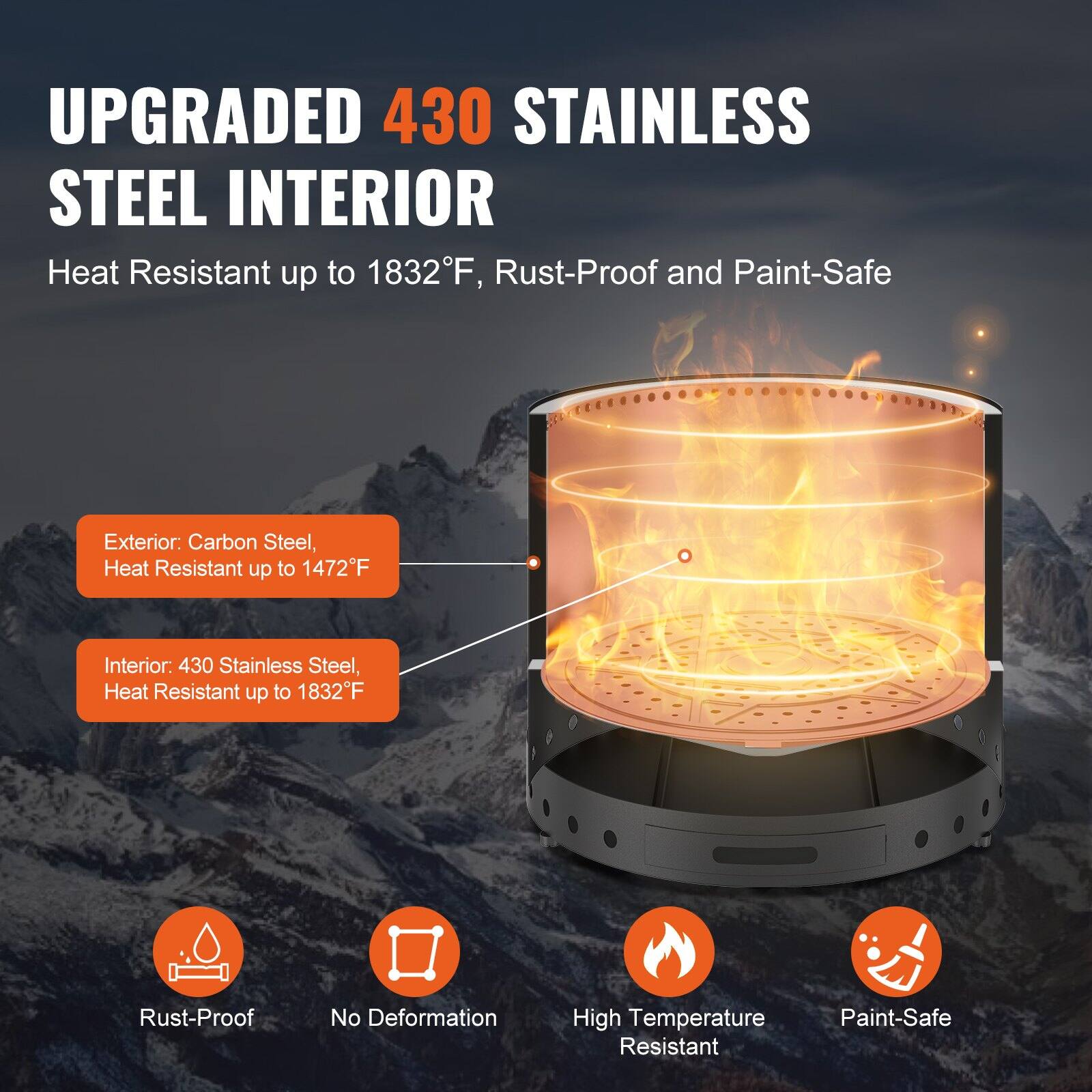 UPGRADED 430 STAINLESS STEEL INTERIOR  
Heat Resistant up to 1832°F, Rust-Proof and Paint-Safe  

Exterior: Carbon Steel, Heat Resistant up to 1472°F  
Interior: 430 Stainless Steel, Heat Resistant up to 1832°F  

- Rust-Proof  
- No Deformation  
- High Temperature Resistant  
- Paint-Safe