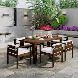 Loheer - 7-Piece Acacia Wood Patio Dining Set, All-Weather Furniture for 6 with Umbrella Hole & Washable Cushions - Beige,Mocha