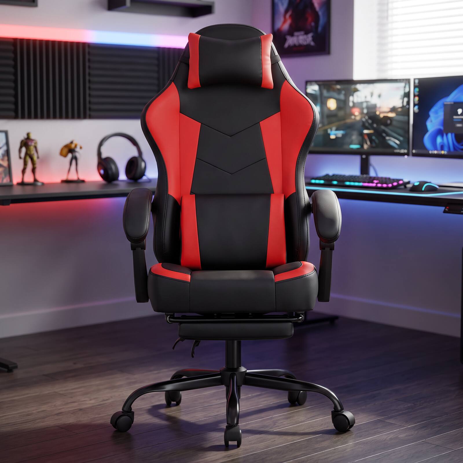 Alt View 3. GTPlayer - Ergonomic Gaming Chair Lumbar Support Heavy Duty Faux Leather Office Chair with Footrest - Red.