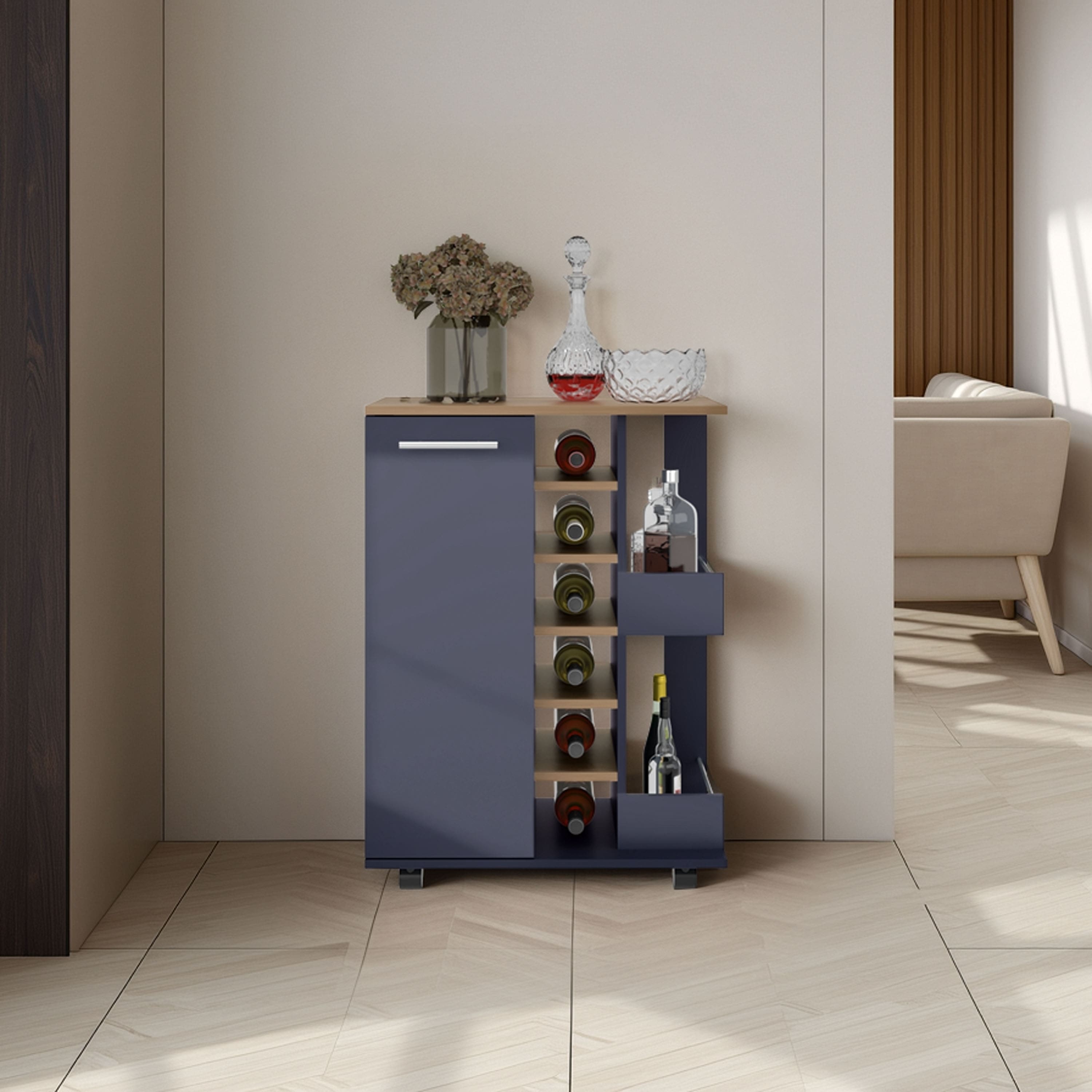 TinyHomie - Carefree bar cabinet bottle racks double side shelves modern design in Kronos Ash and Kronos Blue.