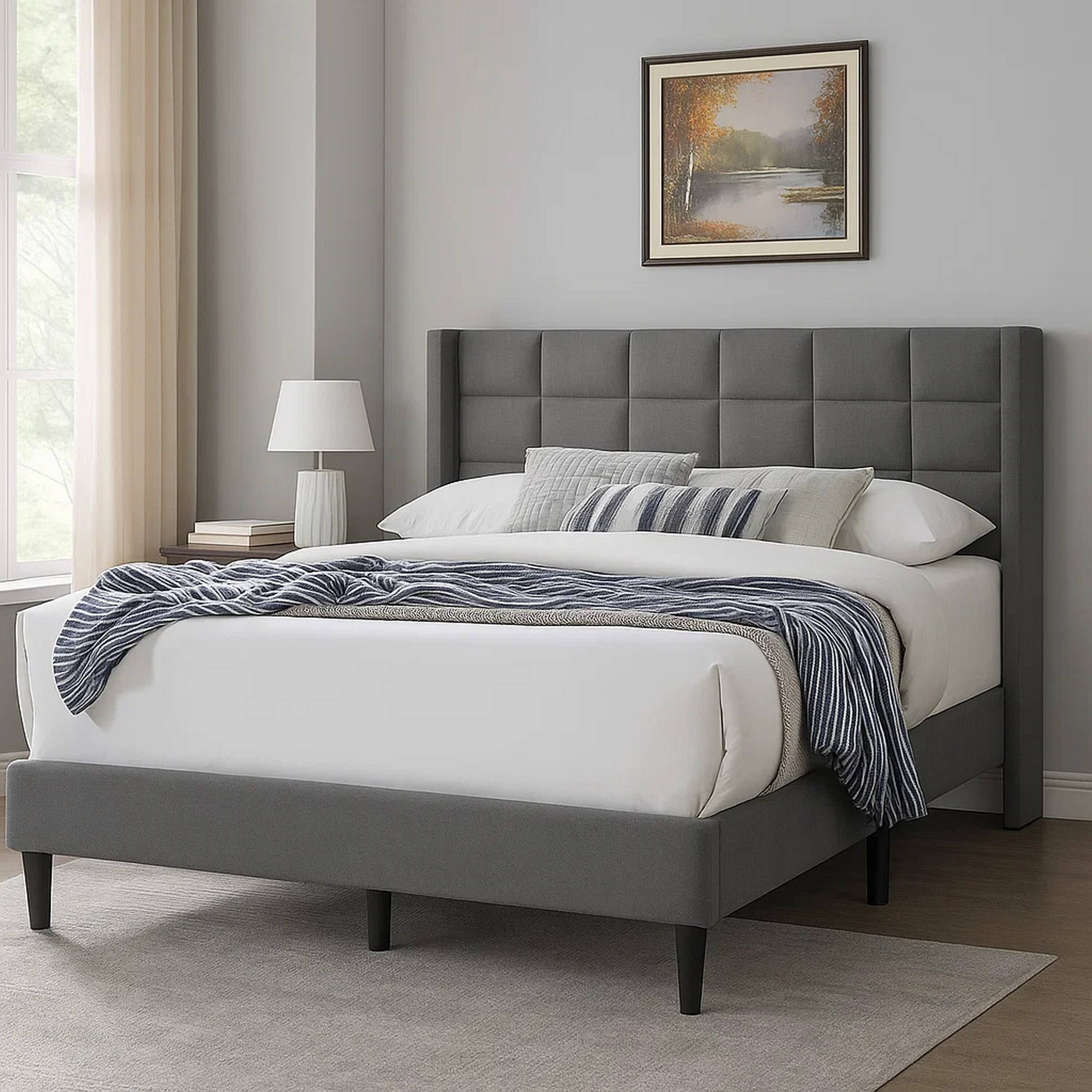 Alt View 5. Manhattan Lane - Zensa Full Bed, Light Gray Linen Upholstery, Padded Wing Headboard - Light Gray, Black.
