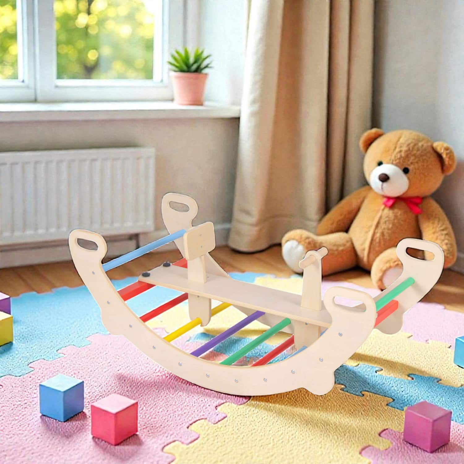 BreeBe - Multi-Activity 4-in-1 Wooden Climbing Structure with Rocker and Tunnel - Multicolor