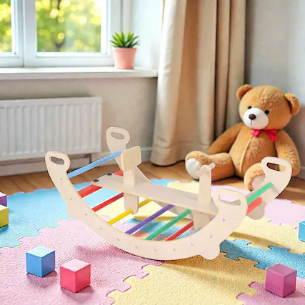Front. BreeBe - Multi-Activity 4-in-1 Wooden Climbing Structure with Rocker and Tunnel - Multicolor.