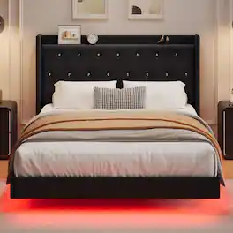 Homhougo - Queen Size Floating Bed Frame with LED Lights, Velvet Wingback Headboard, Modern Storage Platform Bed - Black