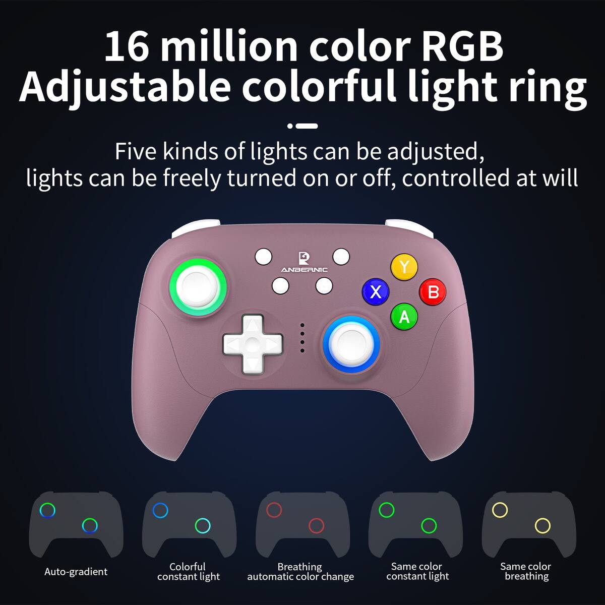 16 million color RGB Adjustable colorful light ring

Five kinds of lights can be adjusted, lights can be freely turned on or off, controlled at will

- Auto-gradient
- Colorful constant light
- Breathing automatic color change
- Same color constant light
- Same color breathing