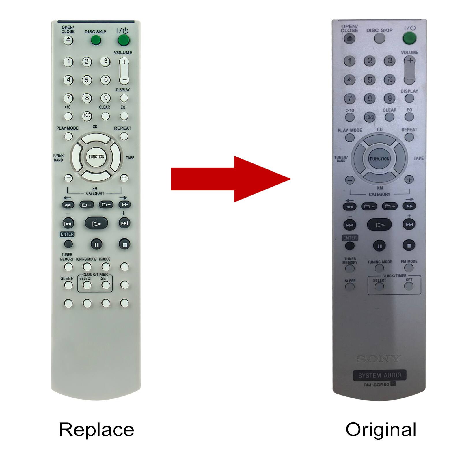 OPEN CLOSE  
DISC SKIP  
1/0  
1  
2  
VOLUME 3 +  
1  
2  
3  
VOLUME +  
4  
5  
6  
-  
4  
5  
6  

7 >10  
8 10/0  
DISPLAY 9 CLEAR EQ  
>10  
8 10/0  
DISPLAY 9 CLEAR EO  
PLAY MODE  
CD  
REPEAT  
PLAY MODE  
CD  
REPEAT  
TUNER BAND  
FUNCTION  
TAPE  
TUNER/ BAND  
FUNCTION  
TAPE  
XM CATEGORY  
XM CATEGORY  

D-  
O+  

|<  
KA  
Y  
ENTER  
II  
ENTER  
II  
TUNER MEMORY TUNING MODE PANODE  
TUNER MEMORY  
TUNING MODE  
FM MODE  
CLOCK/TIMER SLEEP SELECT SET  
SLEEP  
CLOCK/TIMER SELECT SET  
SONY  
SYSTEM AUDIO  
RM-SCR50
