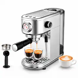AMUMU - 20 Bar Espresso Machine with Milk Frother Steam Wand & Pressure Gauge Compact Stainless Steel Coffee Maker for Cappuccin - Silver